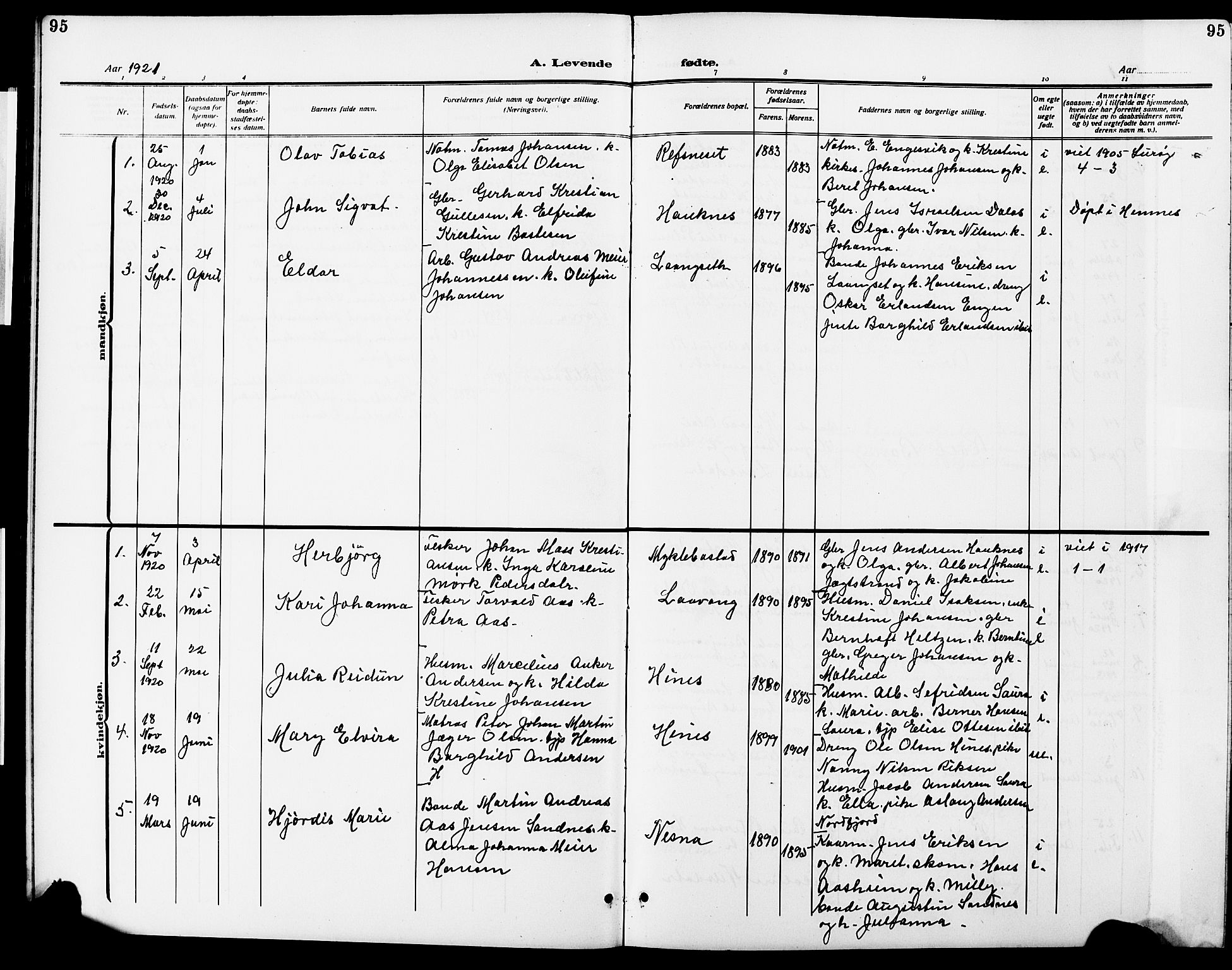 Ministerialprotokoller, klokkerbøker og fødselsregistre - Nordland, SAT/A-1459/838/L0560: Parish register (copy) no. 838C07, 1910-1928, p. 95