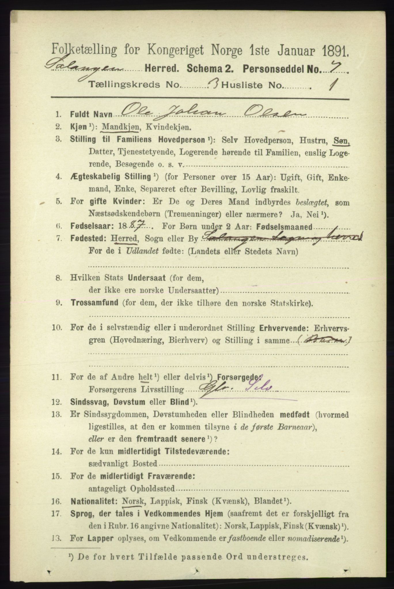 RA, 1891 census for 1921 Salangen, 1891, p. 1235