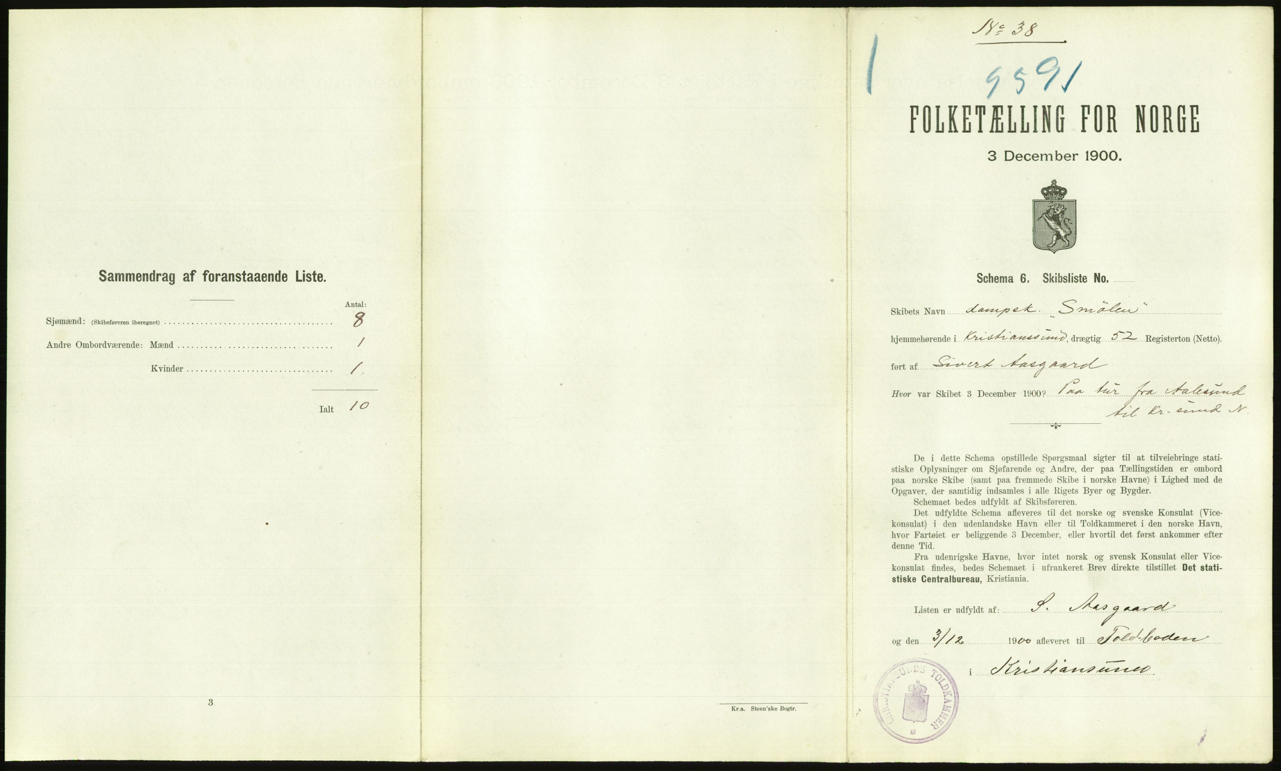 RA, 1900 Census - ship lists from ships in Norwegian harbours, harbours abroad and at sea, 1900, p. 2199