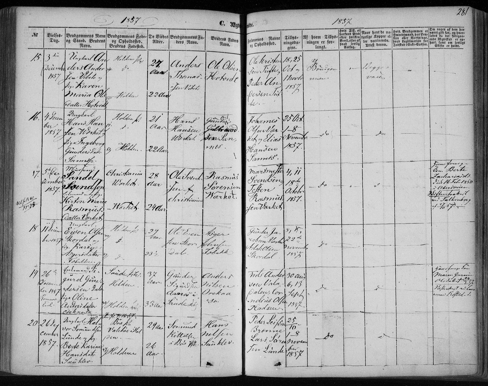 Holla kirkebøker, SAKO/A-272/F/Fa/L0005: Parish register (official) no. 5, 1849-1860, p. 281