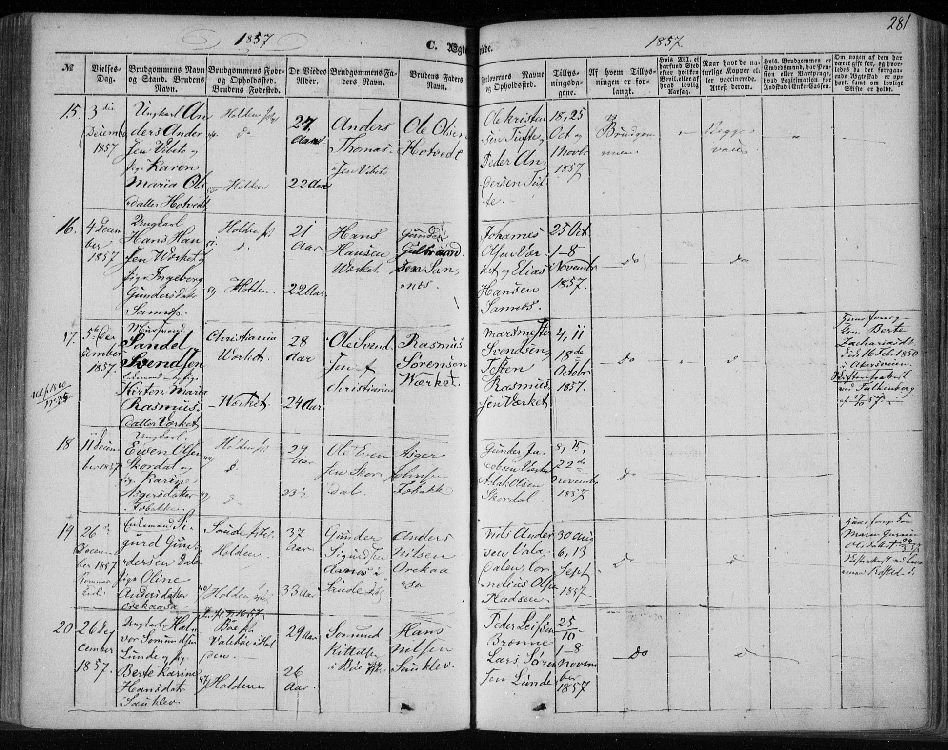 Holla kirkebøker, AV/SAKO-A-272/F/Fa/L0005: Parish register (official) no. 5, 1849-1860, p. 281