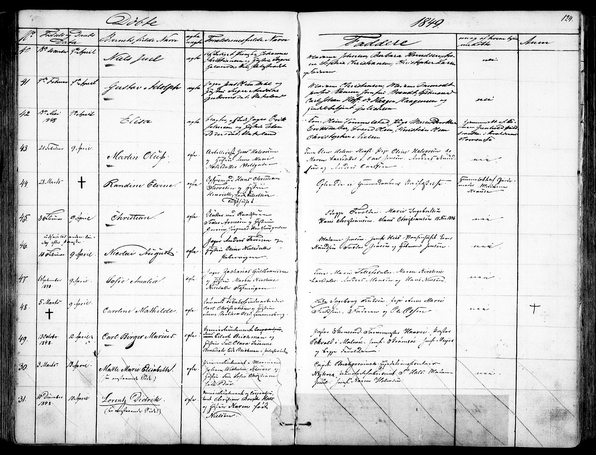 Garnisonsmenigheten Kirkebøker, AV/SAO-A-10846/F/Fa/L0008: Parish register (official) no. 8, 1842-1859, p. 124