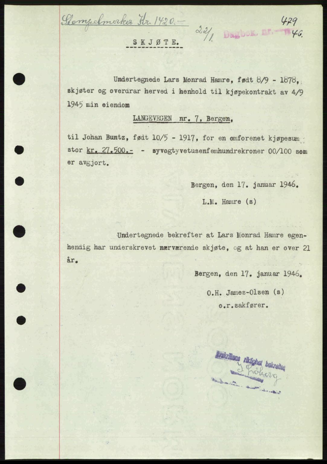 Byfogd og Byskriver i Bergen, SAB/A-3401/03/03Bc/L0022: Mortgage book no. A18, 1946-1946, Diary no: : 479/1946