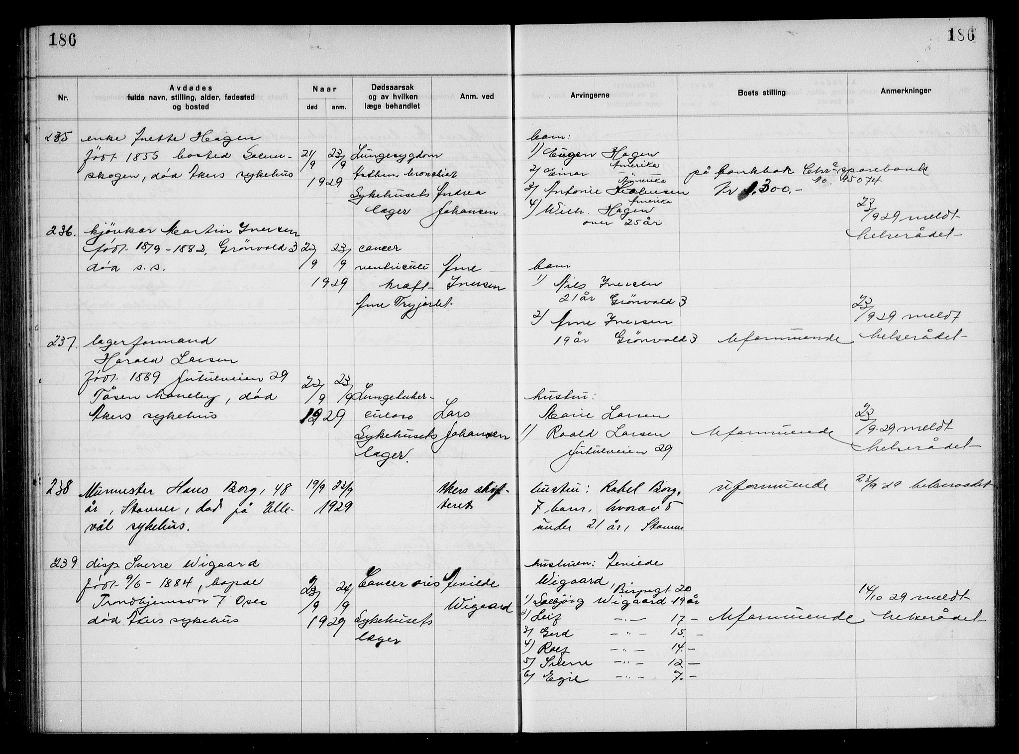 Aker kriminaldommer, skifte- og auksjonsforvalterembete, AV/SAO-A-10452/H/Hb/Hba/Hbac/L0002: Dødsfallsprotokoll for Østre Aker, 1927-1931, p. 186