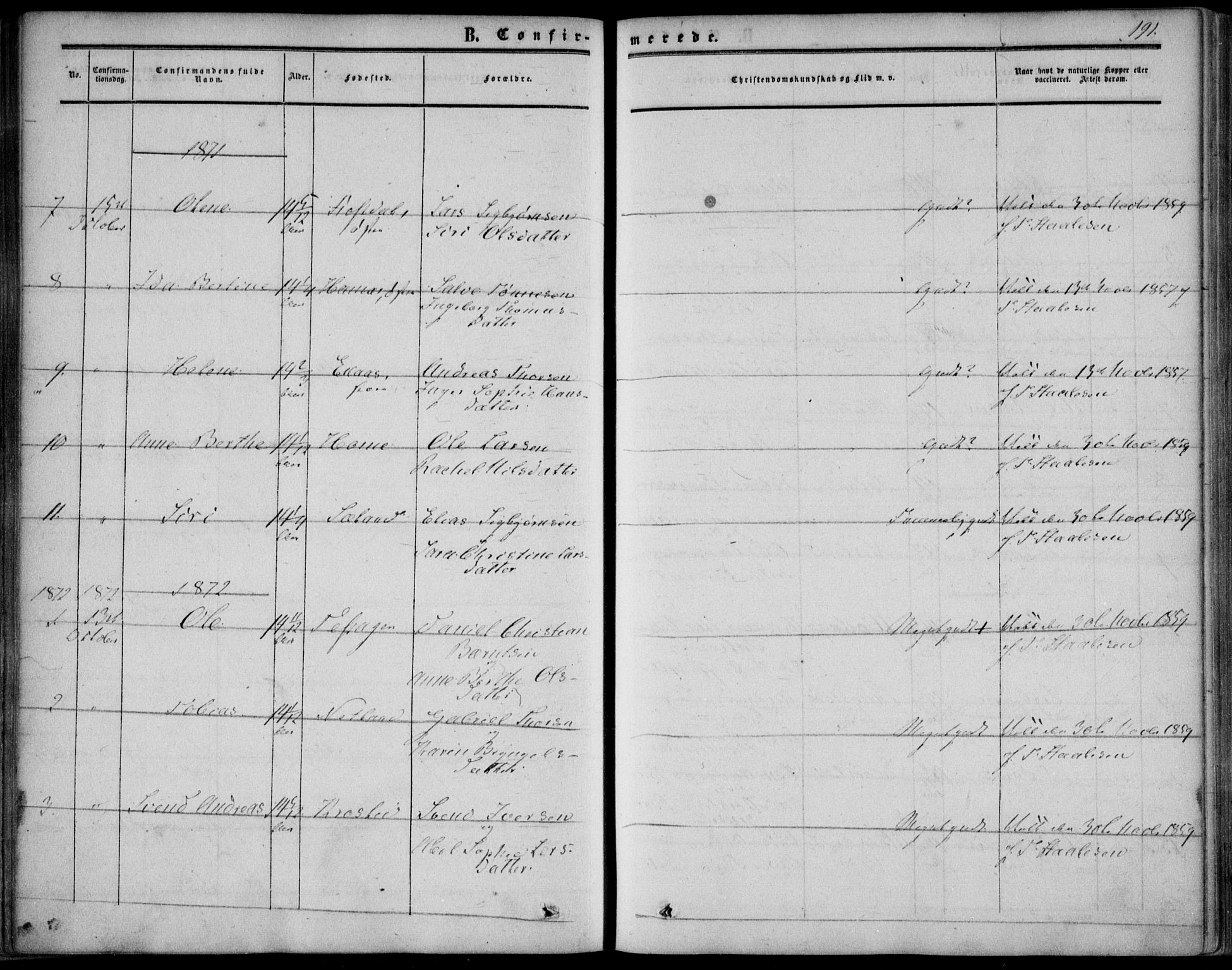 Bakke sokneprestkontor, SAK/1111-0002/F/Fa/Fab/L0002: Parish register (official) no. A 2, 1855-1884, p. 191
