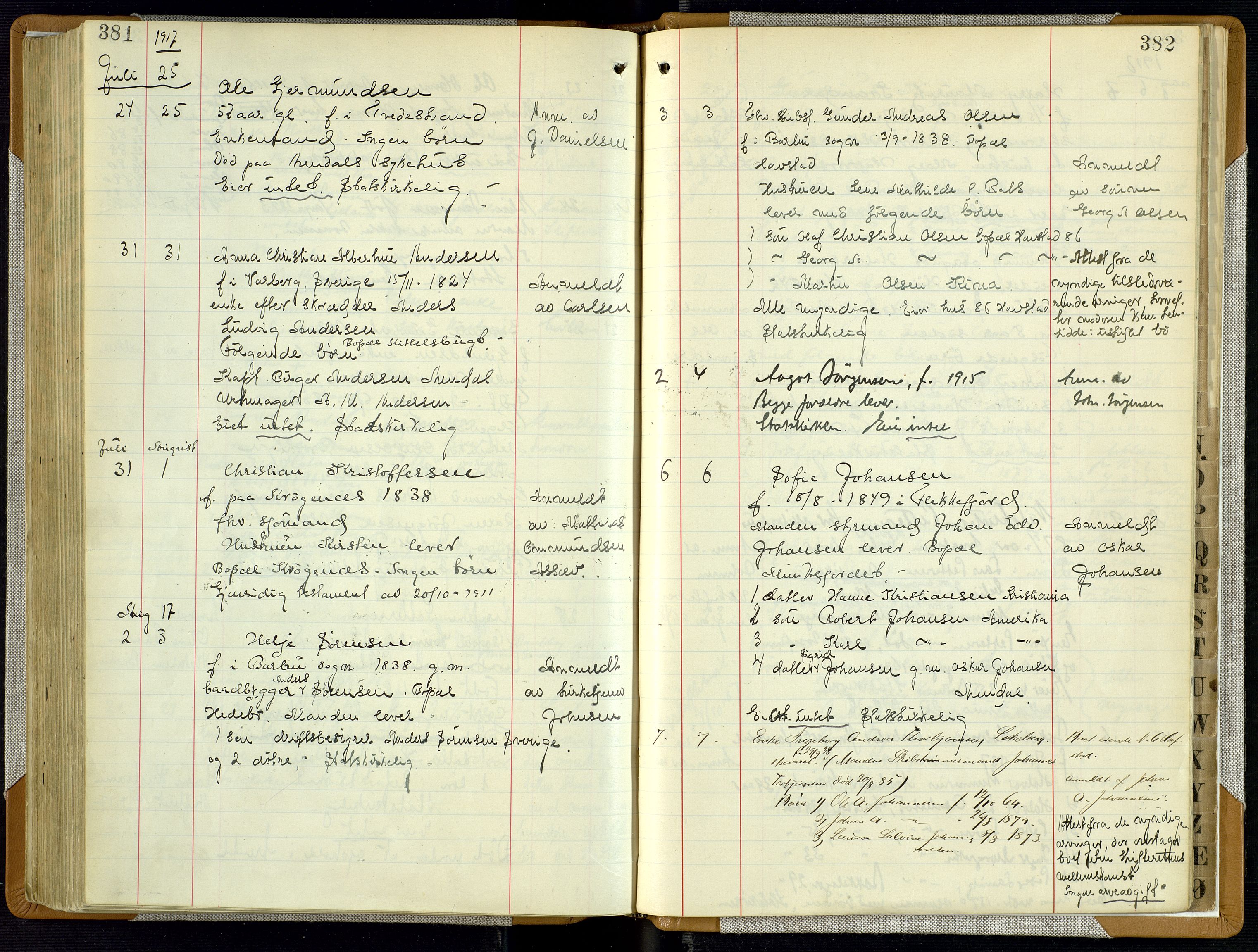 Arendal byfogd, AV/SAK-1222-0001/H/Ha/L0003: Dødsfallsprotokoll, 1908-1917, p. 381-382