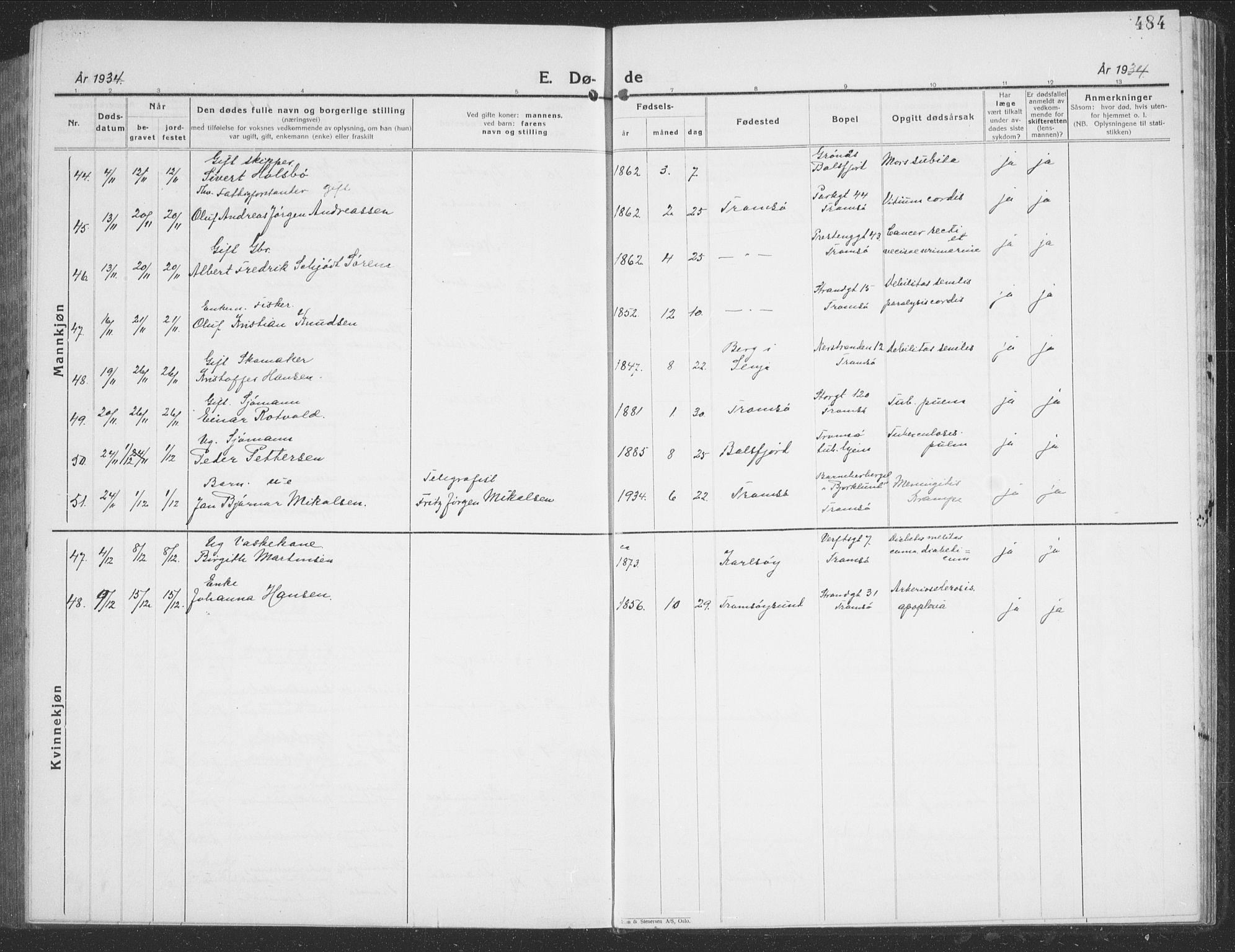 Tromsø sokneprestkontor/stiftsprosti/domprosti, SATØ/S-1343/G/Gb/L0010klokker: Parish register (copy) no. 10, 1925-1937, p. 484