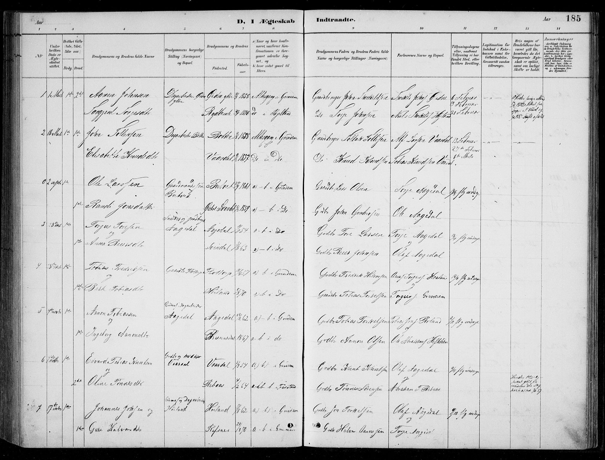 Bjelland sokneprestkontor, SAK/1111-0005/F/Fb/Fbc/L0003: Parish register (copy) no. B 3, 1887-1924, p. 185