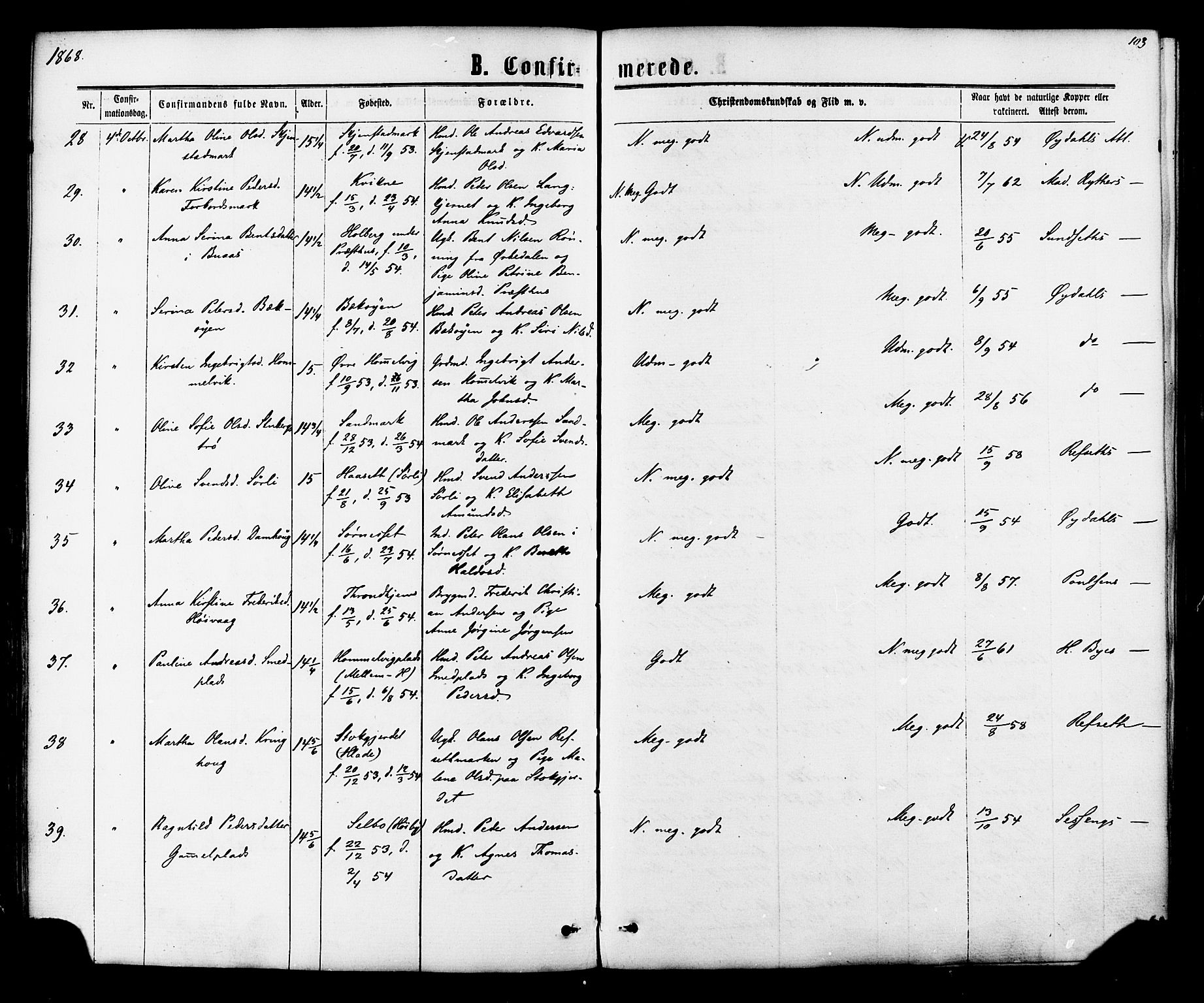 Ministerialprotokoller, klokkerbøker og fødselsregistre - Sør-Trøndelag, AV/SAT-A-1456/616/L0409: Parish register (official) no. 616A06, 1865-1877, p. 103