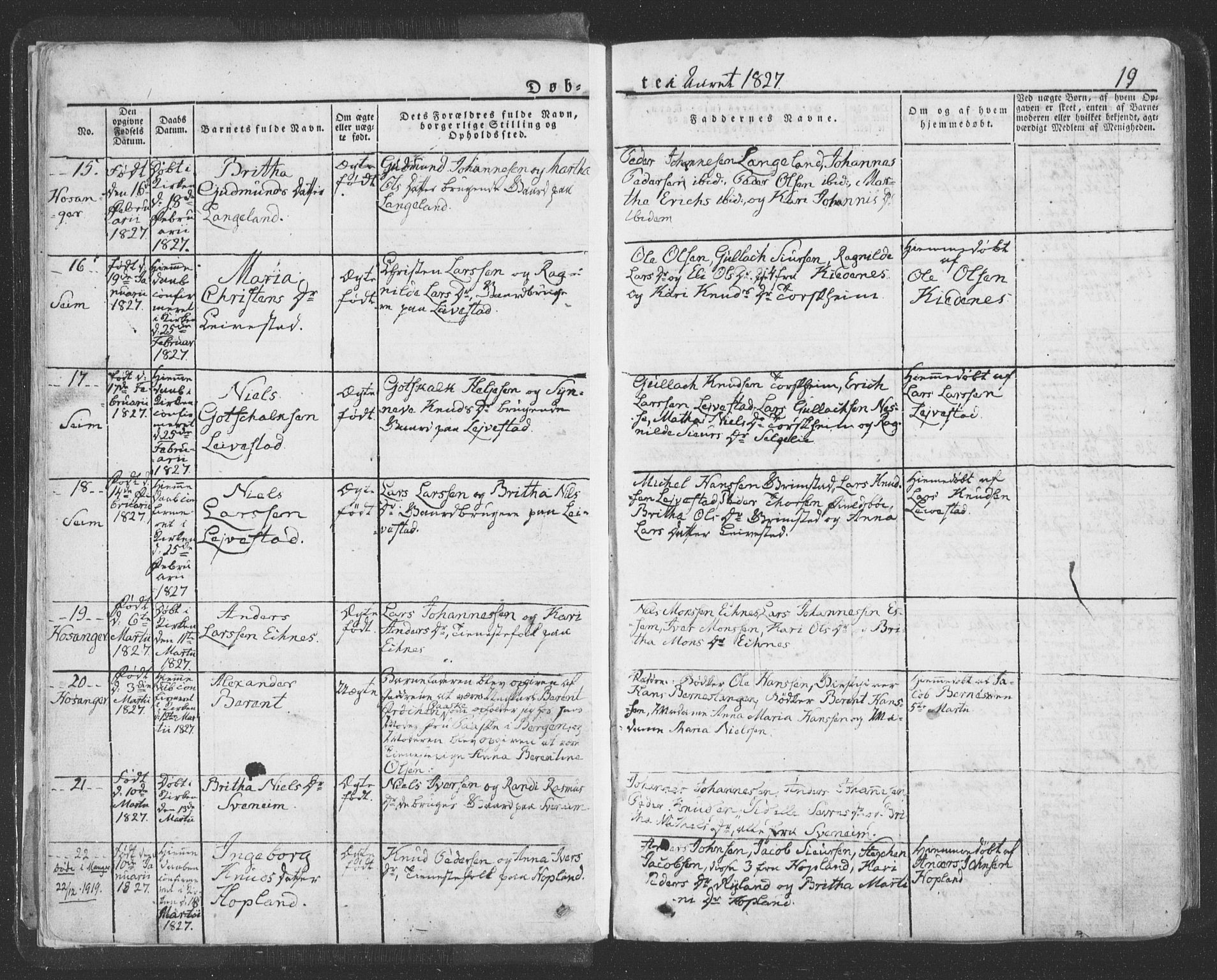 Hosanger sokneprestembete, AV/SAB-A-75801/H/Haa: Parish register (official) no. A 6, 1824-1835, p. 19