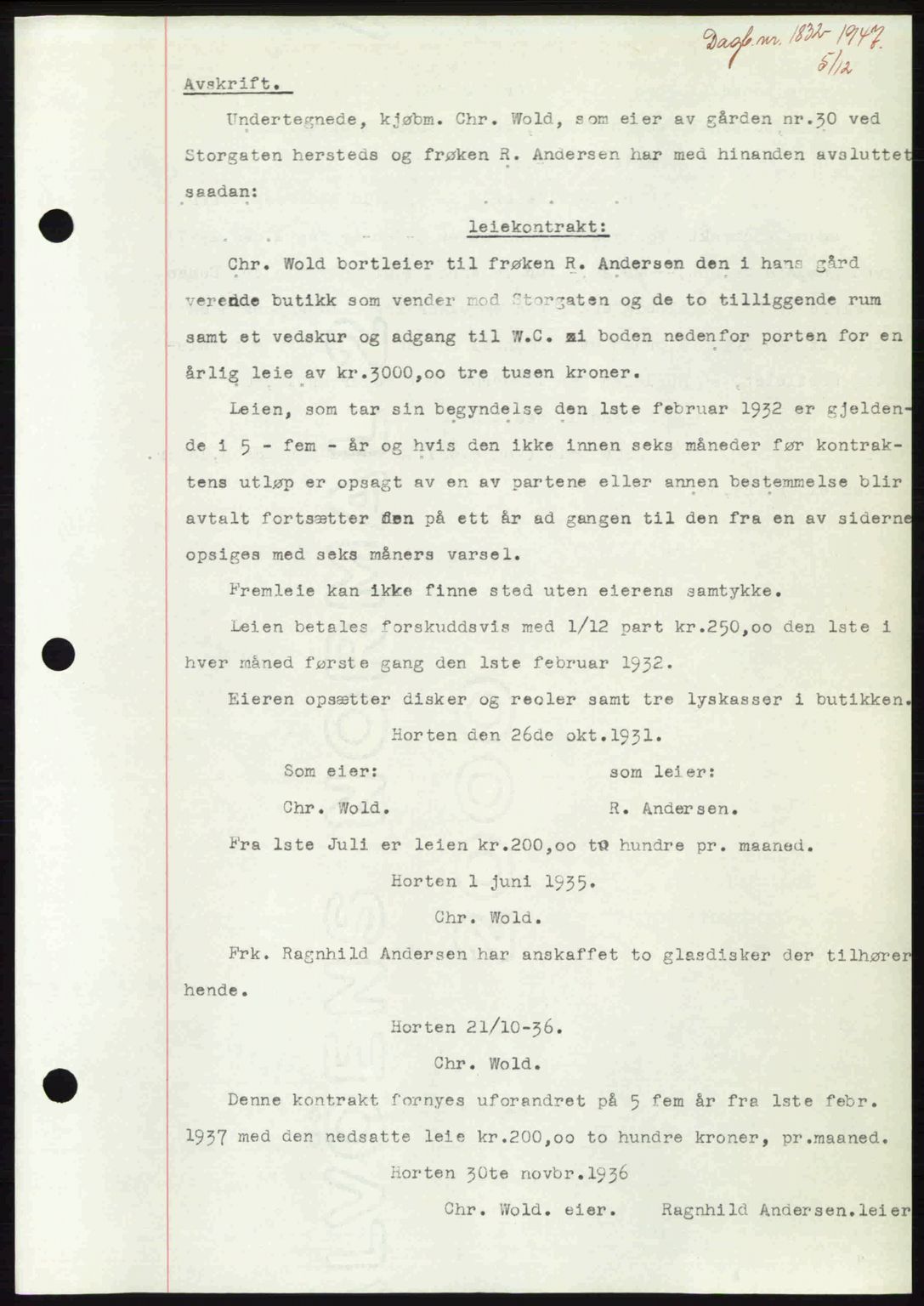 Horten sorenskriveri, AV/SAKO-A-133/G/Ga/Gaa/L0010: Mortgage book no. A-10, 1947-1948, Diary no: : 1832/1947