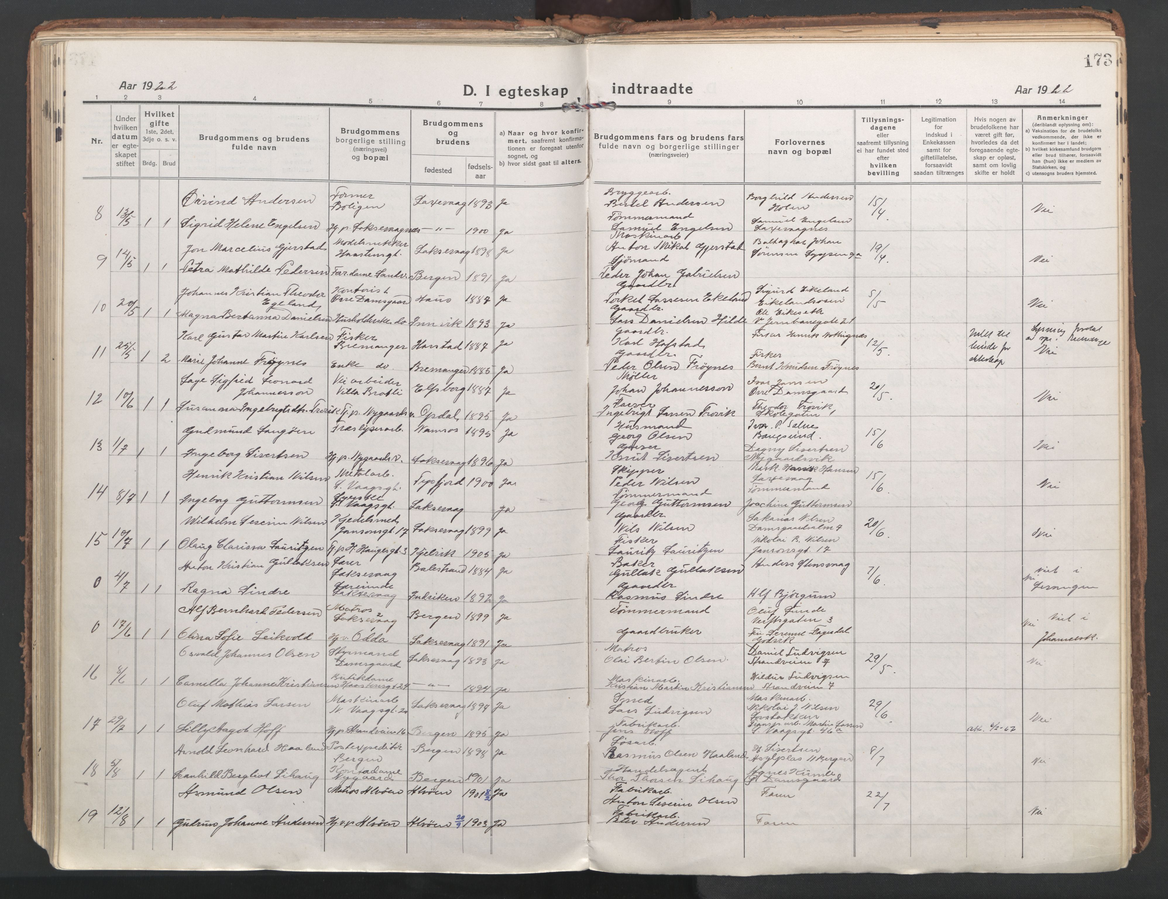 Laksevåg Sokneprestembete, AV/SAB-A-76501/H/Ha/Haa/Haaa/L0002: Parish register (official) no. A 2, 1917-1927, p. 173