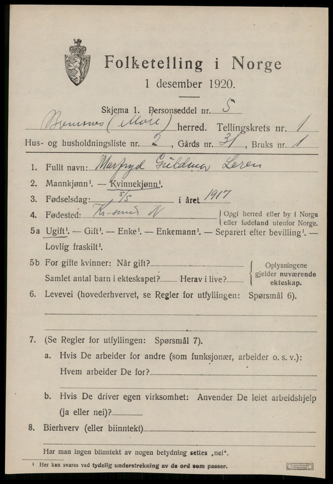 SAT, 1920 census for Bremsnes, 1920, p. 1497