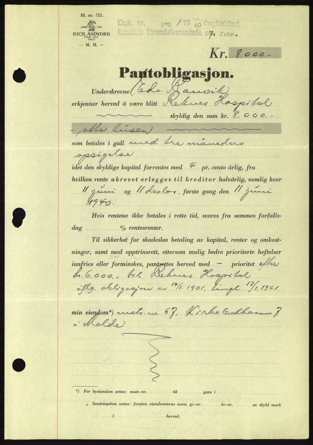 Romsdal sorenskriveri, AV/SAT-A-4149/1/2/2C: Mortgage book no. B2, 1939-1945, Diary no: : 275/1940