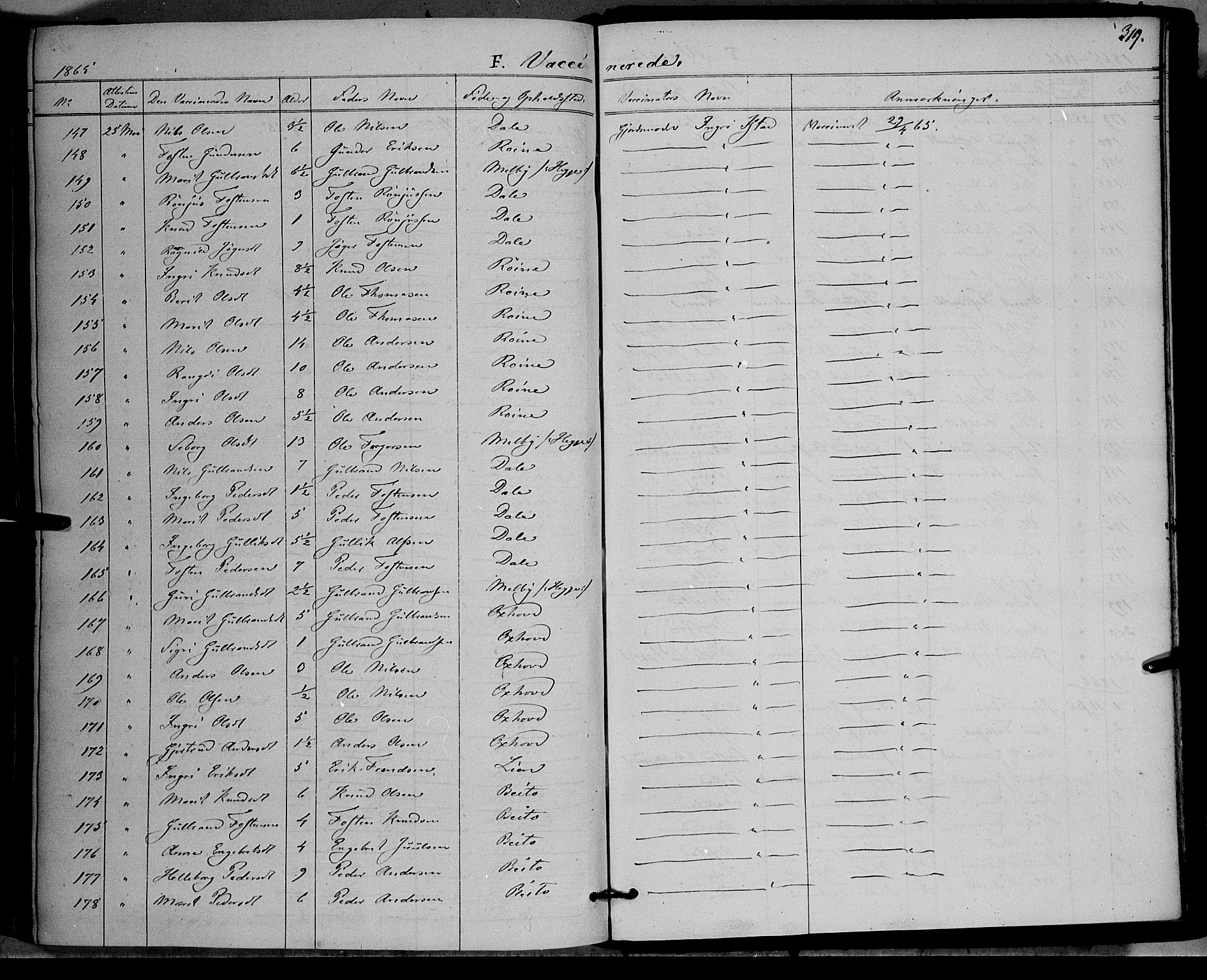 Øystre Slidre prestekontor, AV/SAH-PREST-138/H/Ha/Haa/L0001: Parish register (official) no. 1, 1849-1874, p. 319