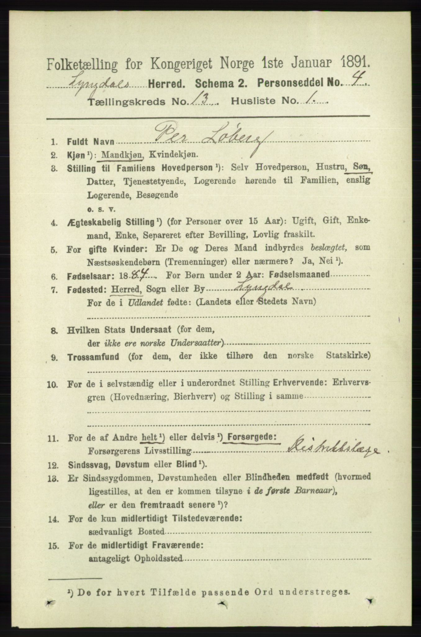 RA, 1891 census for 1032 Lyngdal, 1891, p. 5605