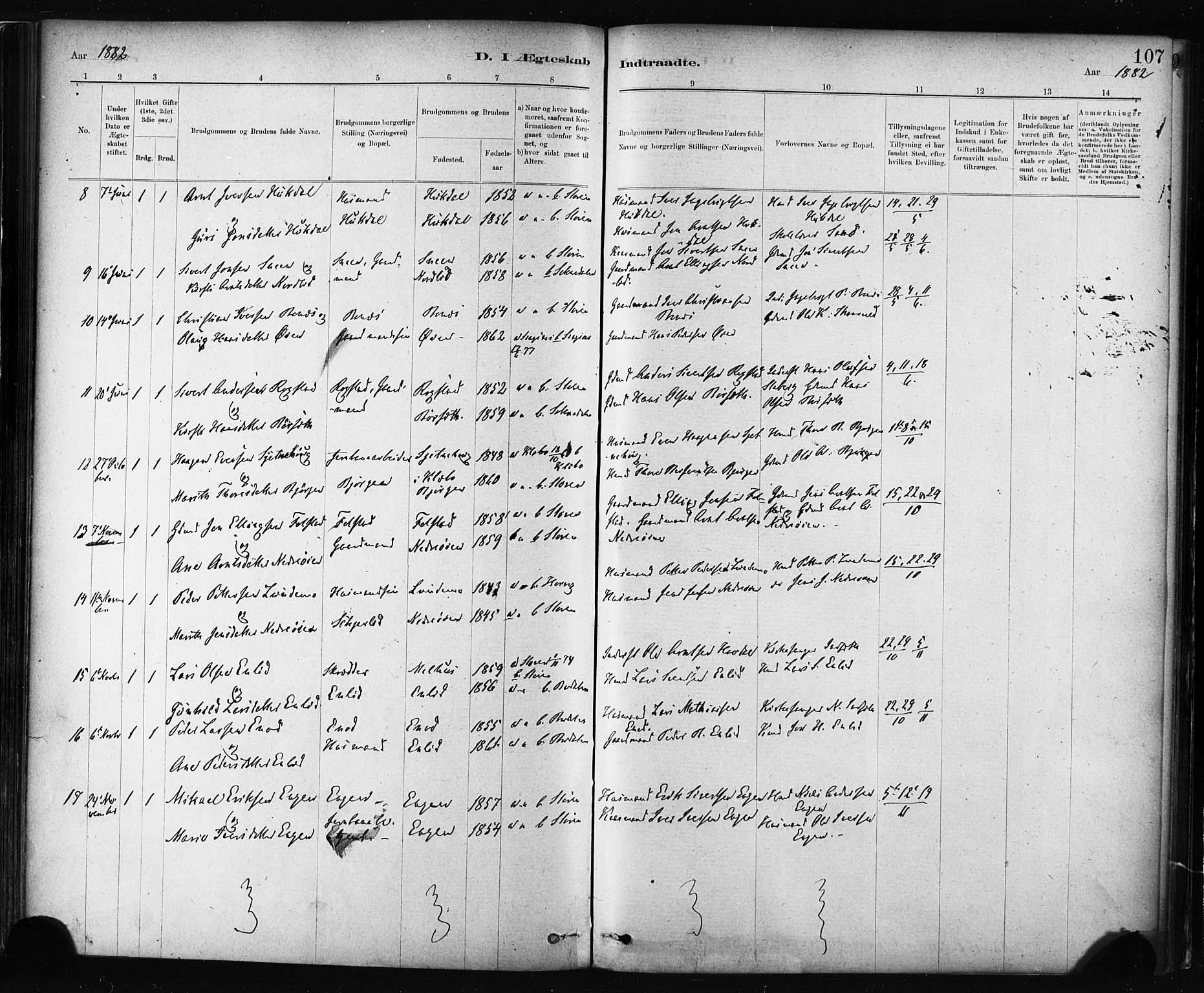 Ministerialprotokoller, klokkerbøker og fødselsregistre - Sør-Trøndelag, SAT/A-1456/687/L1002: Parish register (official) no. 687A08, 1878-1890, p. 107