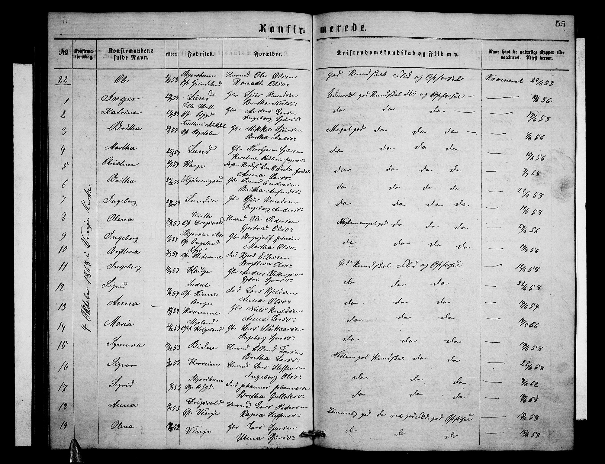 Vossestrand Sokneprestembete, SAB/A-79101/H/Hab: Parish register (copy) no. B 2, 1865-1879, p. 55