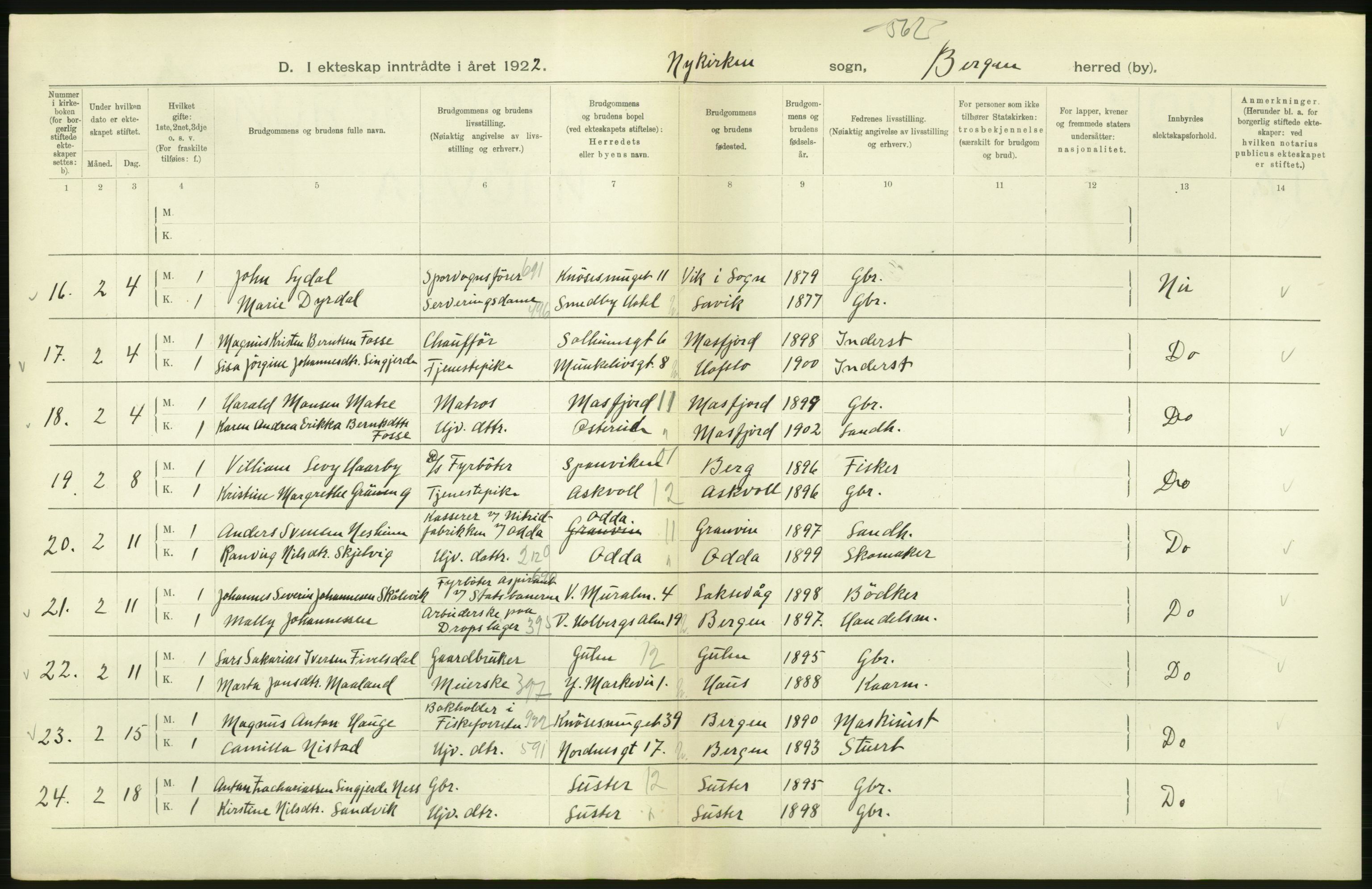 Statistisk sentralbyrå, Sosiodemografiske emner, Befolkning, AV/RA-S-2228/D/Df/Dfc/Dfcb/L0030: Bergen: Gifte, døde, dødfødte., 1922, p. 118