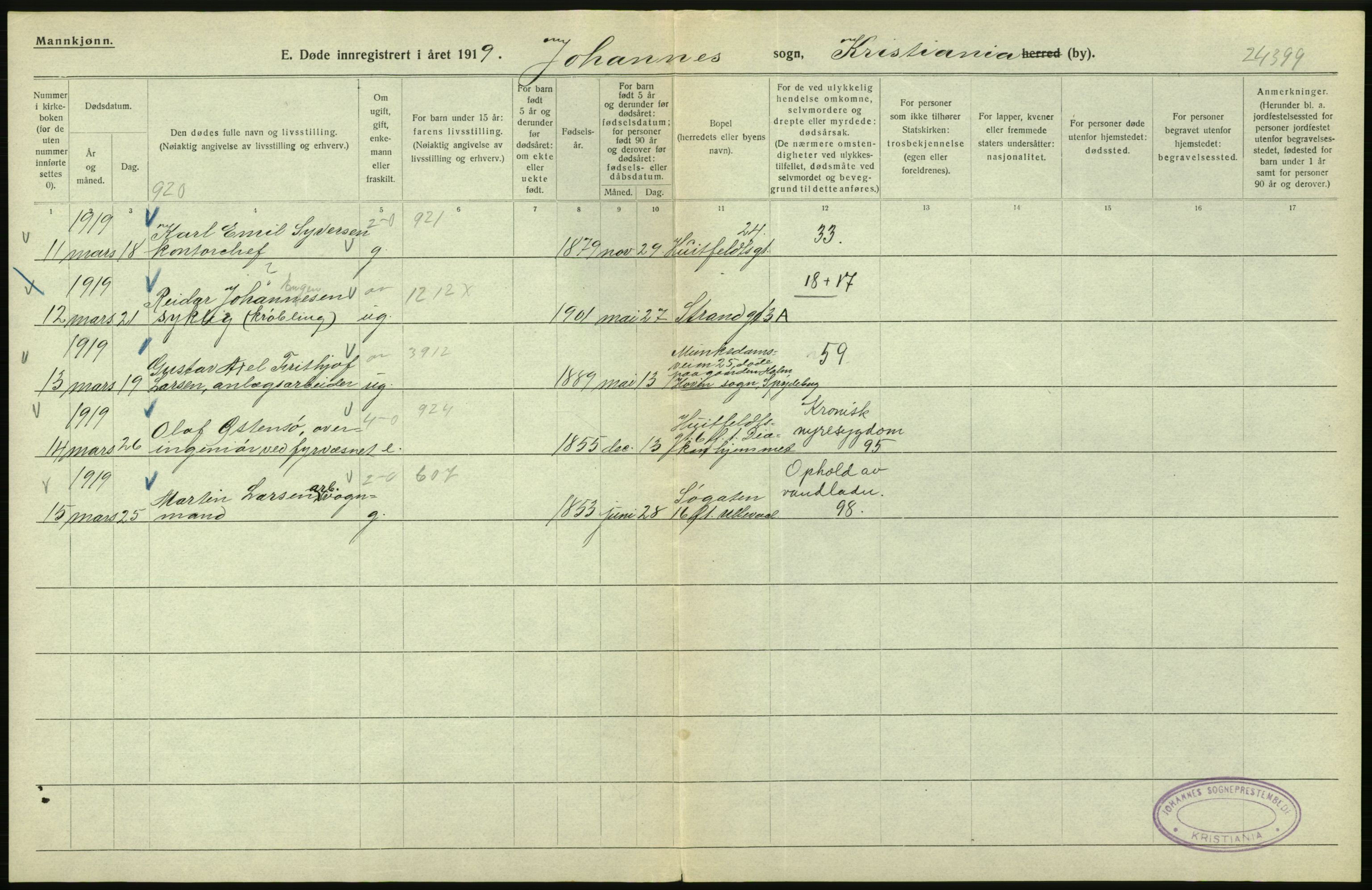 Statistisk sentralbyrå, Sosiodemografiske emner, Befolkning, AV/RA-S-2228/D/Df/Dfb/Dfbi/L0011: Kristiania: Døde, dødfødte, 1919