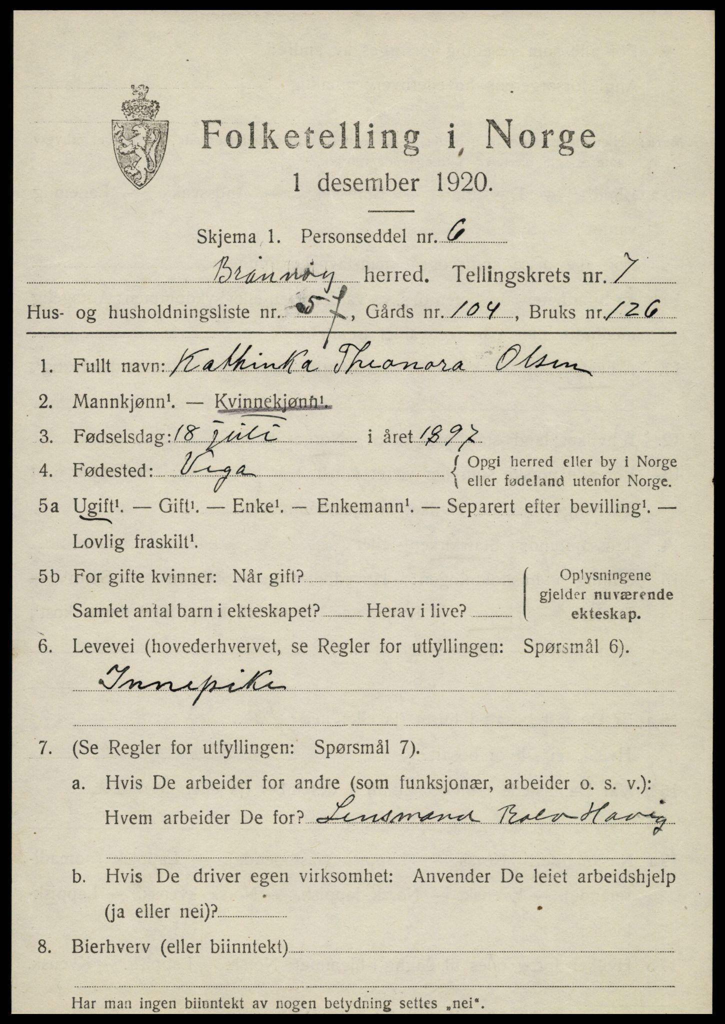 SAT, 1920 census for Brønnøy, 1920, p. 5868