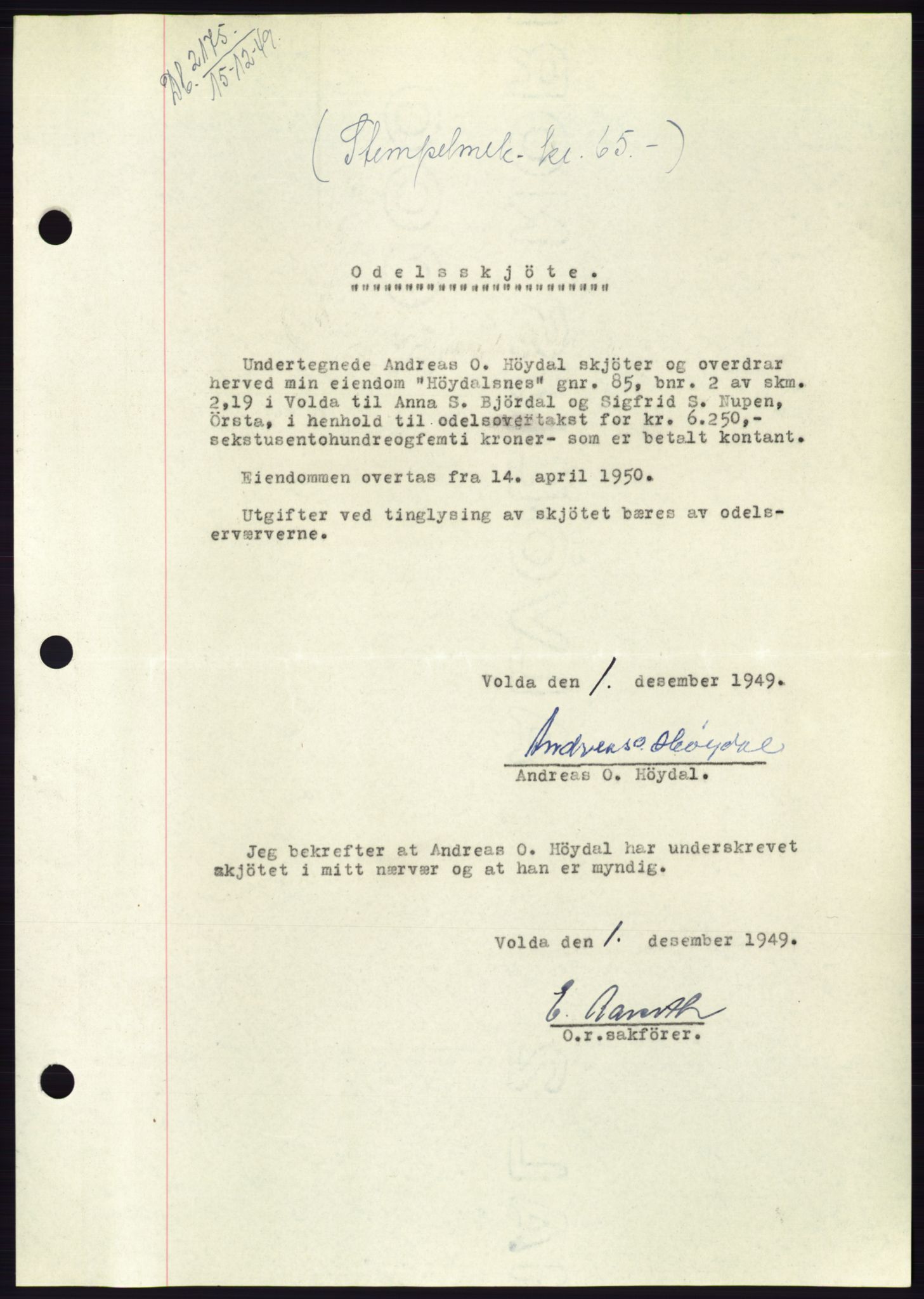 Søre Sunnmøre sorenskriveri, AV/SAT-A-4122/1/2/2C/L0085: Mortgage book no. 11A, 1949-1949, Diary no: : 2175/1949