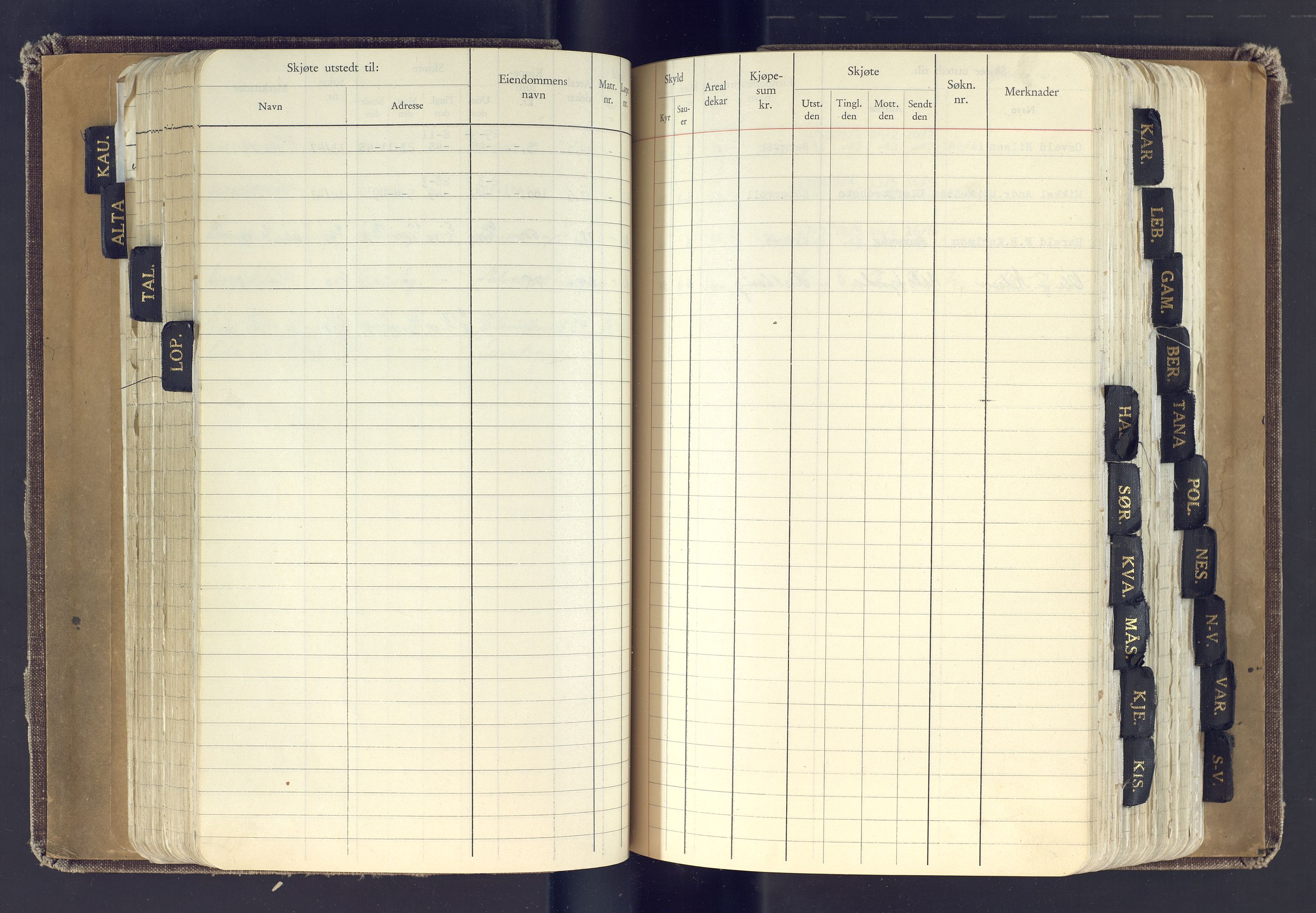 Finnmark jordsalgskommisjon/jordsalgskontor og Statskog SF Finnmark jordsalgskontor, AV/SATØ-S-1443/J/Jc/L0001: Skjøtebok, 1932-1983