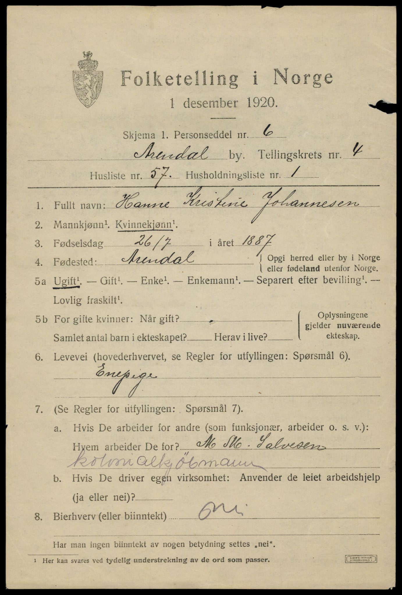 SAK, 1920 census for Arendal, 1920, p. 12444