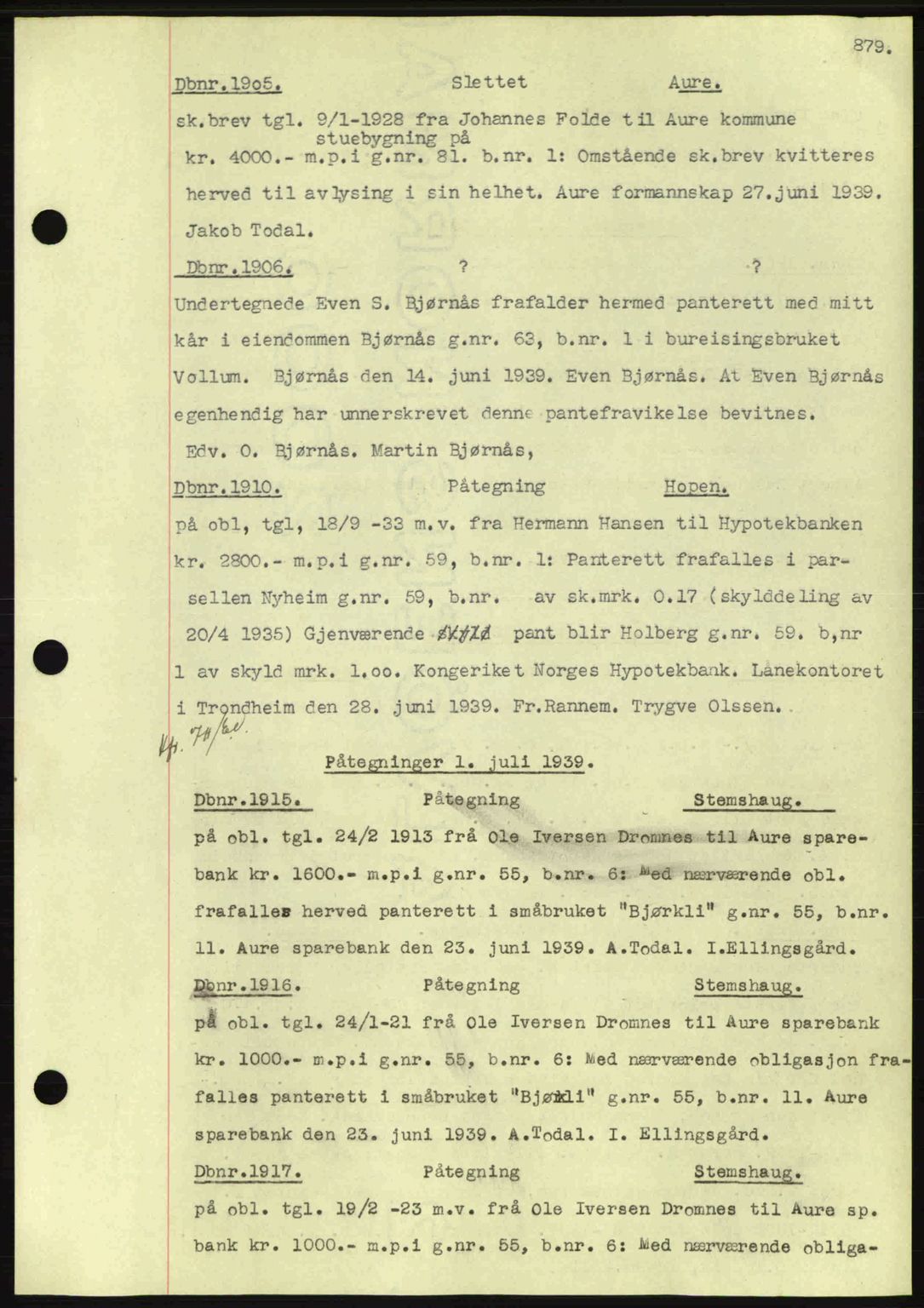 Nordmøre sorenskriveri, AV/SAT-A-4132/1/2/2Ca: Mortgage book no. C80, 1936-1939, Diary no: : 1905/1939