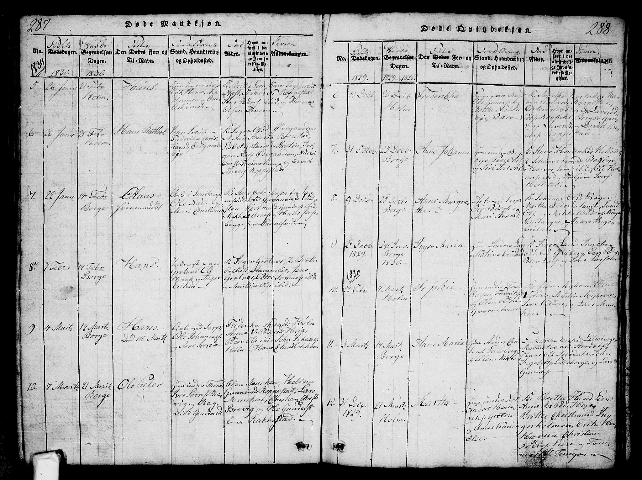 Borge prestekontor Kirkebøker, AV/SAO-A-10903/G/Ga/L0001: Parish register (copy) no.  I 1, 1815-1835, p. 287-288