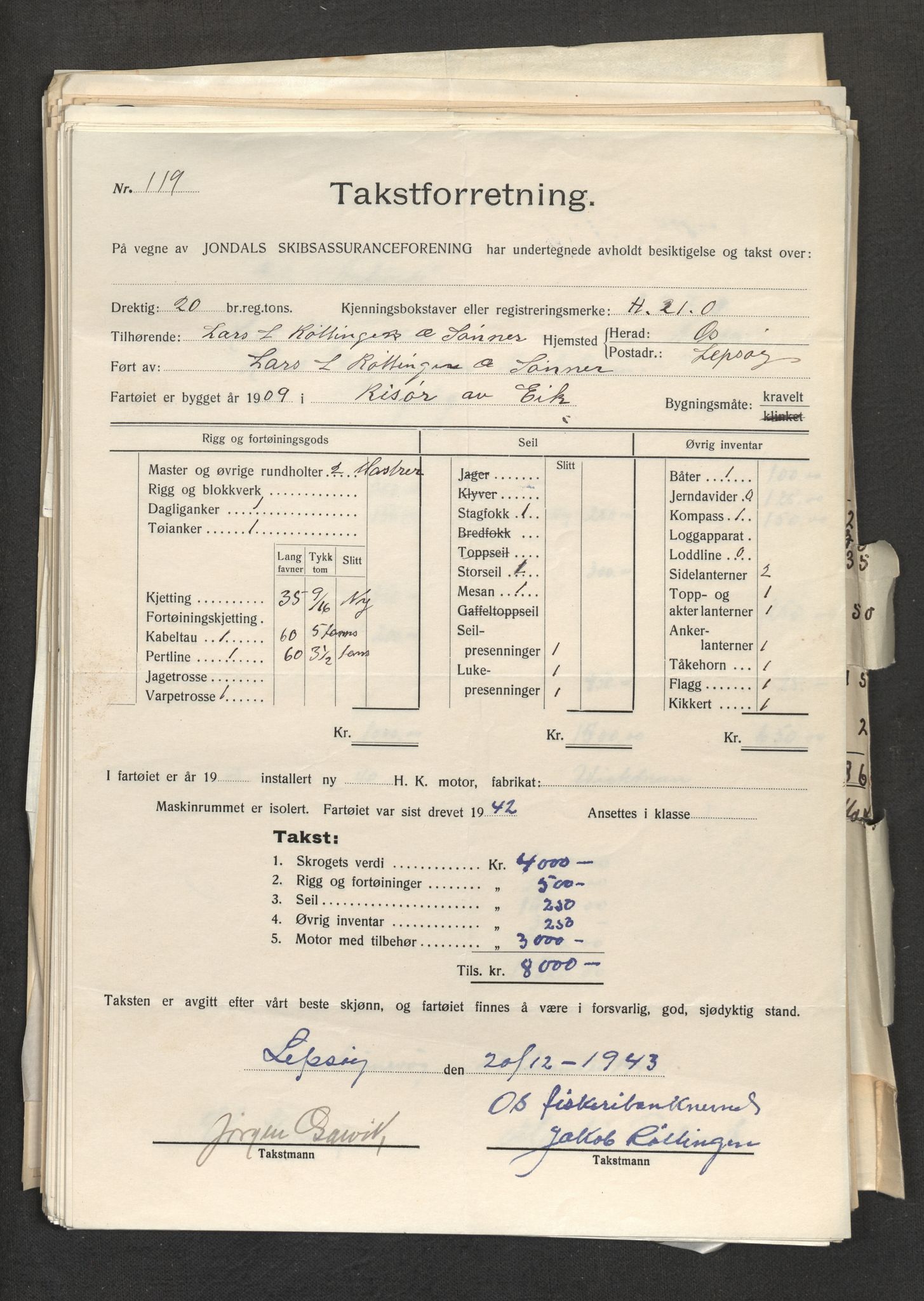 Jondal Skipsassuranseforening, AV/SAB-SAB/PA-0276/E/L0055: Takster , 1944-1952