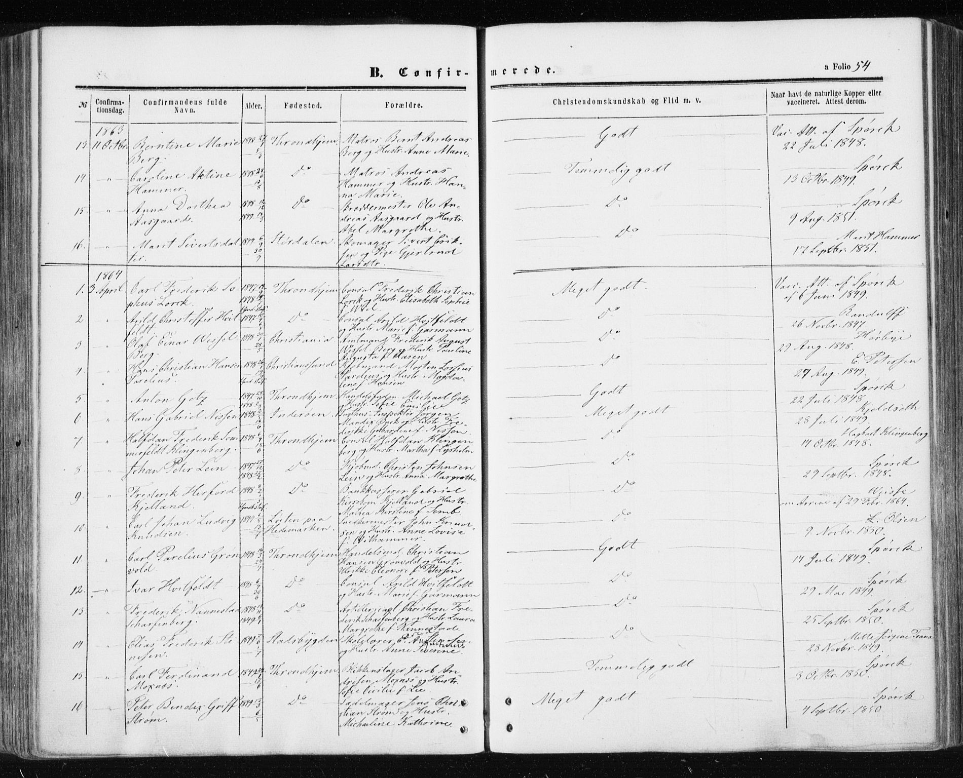 Ministerialprotokoller, klokkerbøker og fødselsregistre - Sør-Trøndelag, AV/SAT-A-1456/601/L0053: Parish register (official) no. 601A21, 1857-1865, p. 54