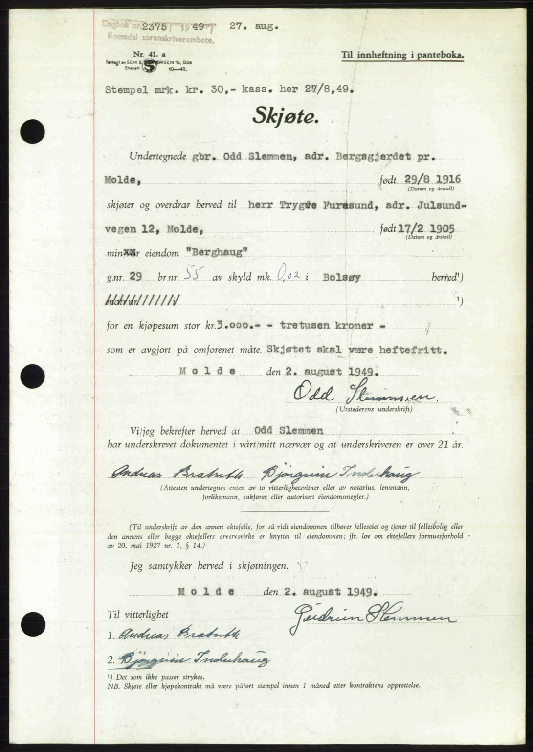 Romsdal sorenskriveri, AV/SAT-A-4149/1/2/2C: Mortgage book no. A30, 1949-1949, Diary no: : 2375/1949