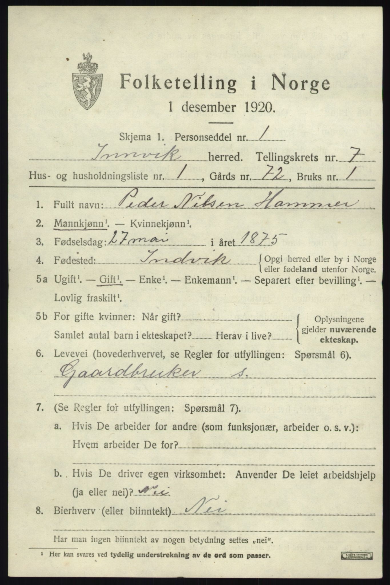 SAB, 1920 census for Innvik, 1920, p. 3147