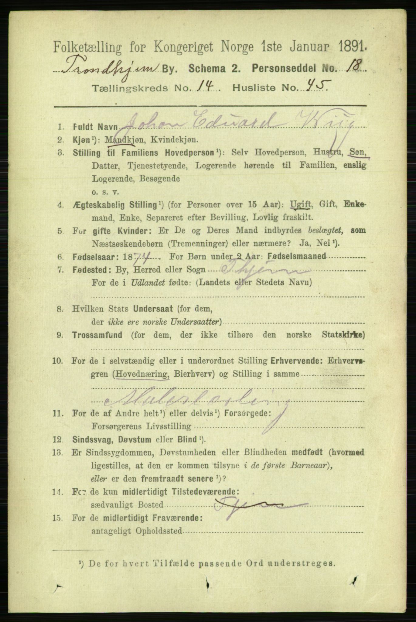 RA, 1891 census for 1601 Trondheim, 1891, p. 11567