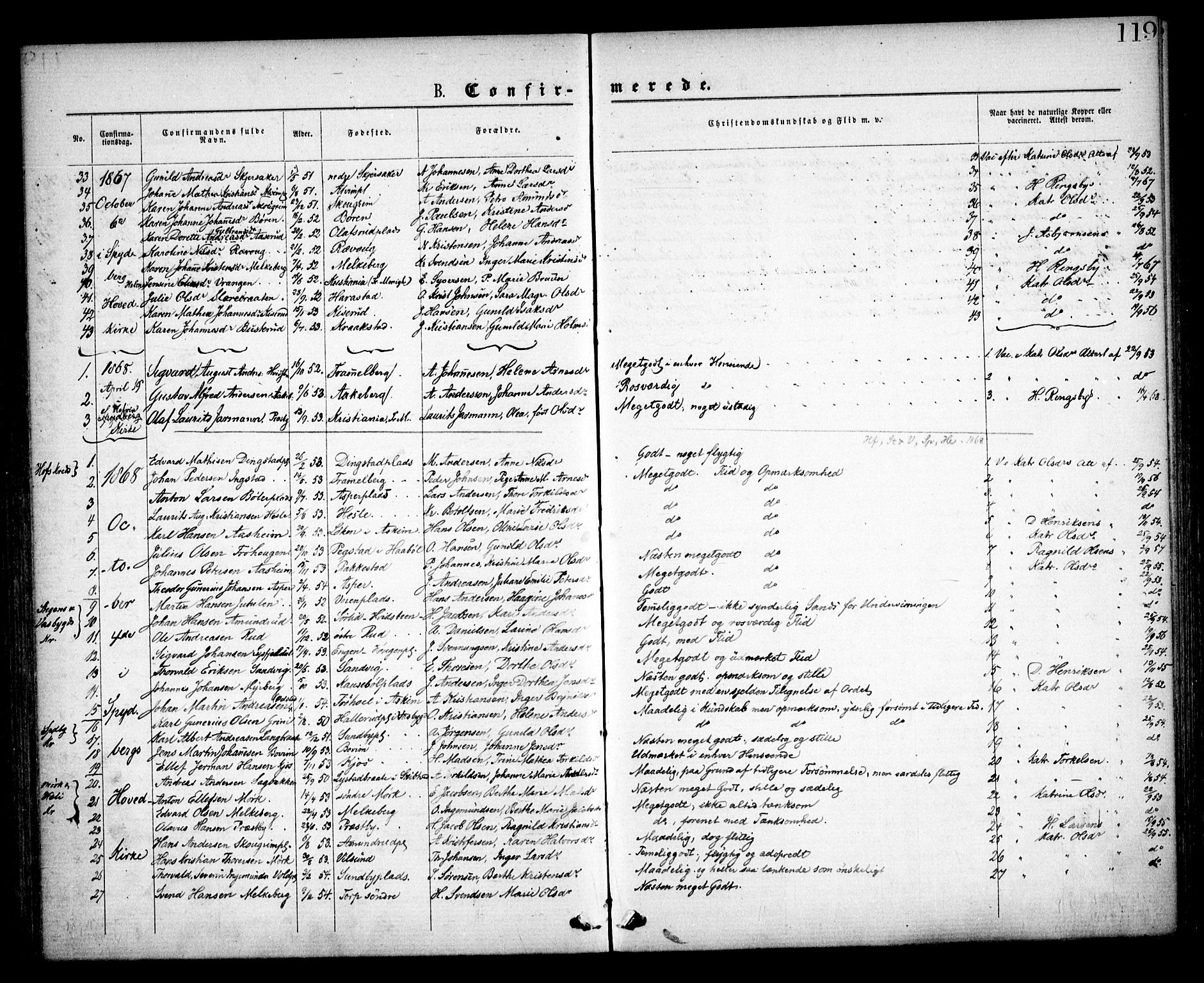 Spydeberg prestekontor Kirkebøker, SAO/A-10924/F/Fa/L0006: Parish register (official) no. I 6, 1863-1874, p. 119