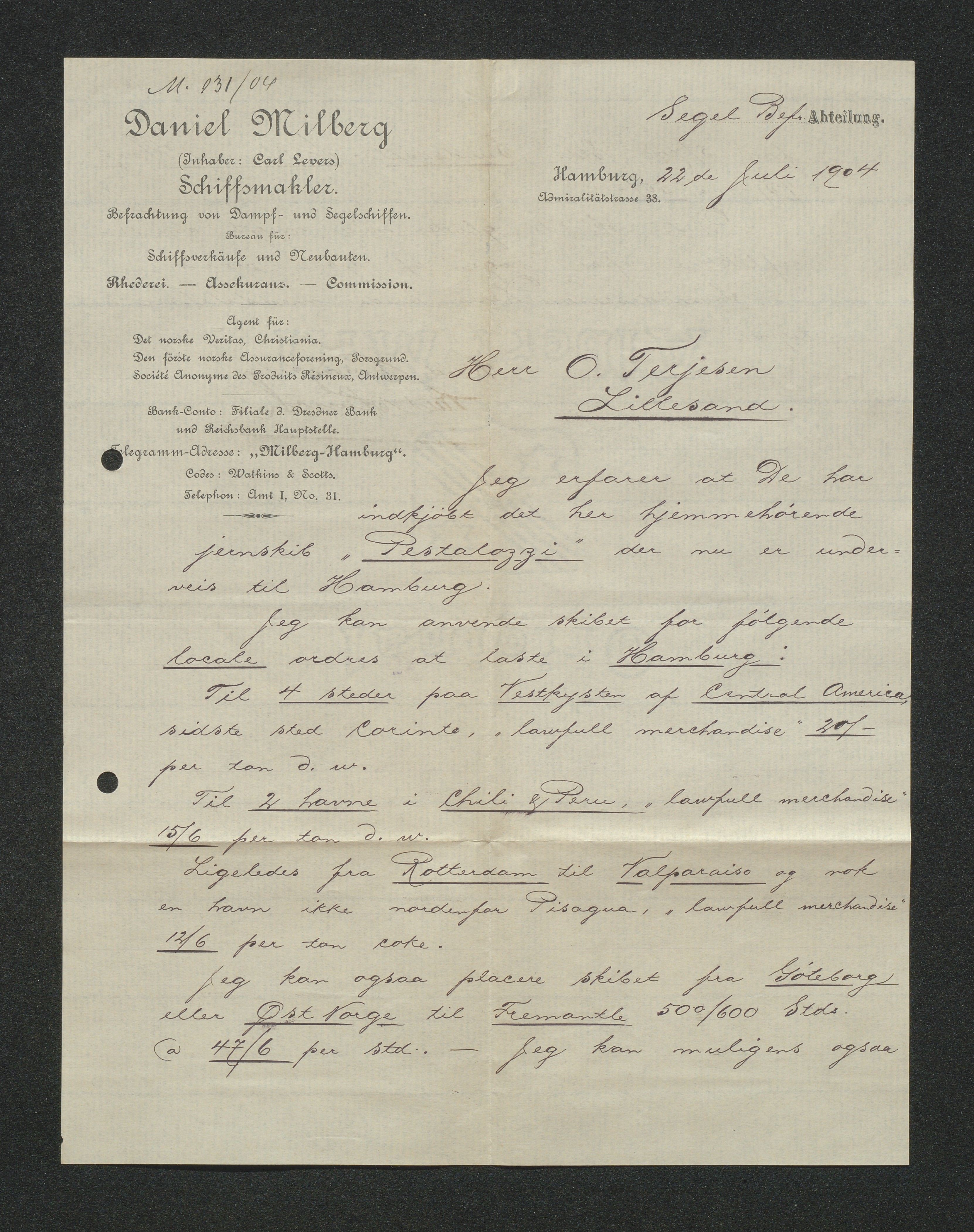 O. Terjesens rederi, AAKS/PA-2525/E/E01/L0013: Korrespondanse, 1904-1905