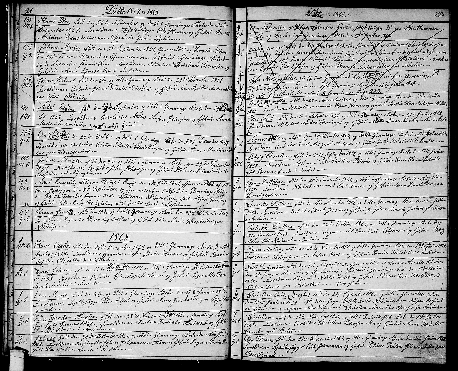 Glemmen prestekontor Kirkebøker, SAO/A-10908/G/Ga/L0004: Parish register (copy) no. 4, 1867-1875, p. 21-22