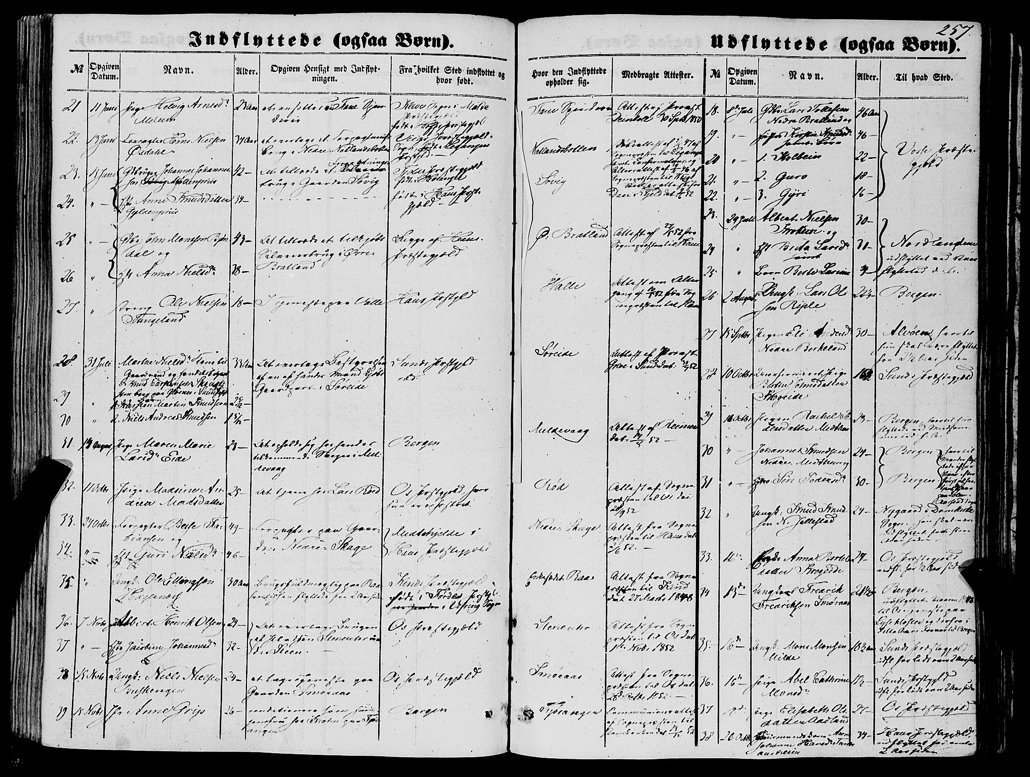 Fana Sokneprestembete, SAB/A-75101/H/Haa/Haaa/L0011: Parish register (official) no. A 11, 1851-1862, p. 257