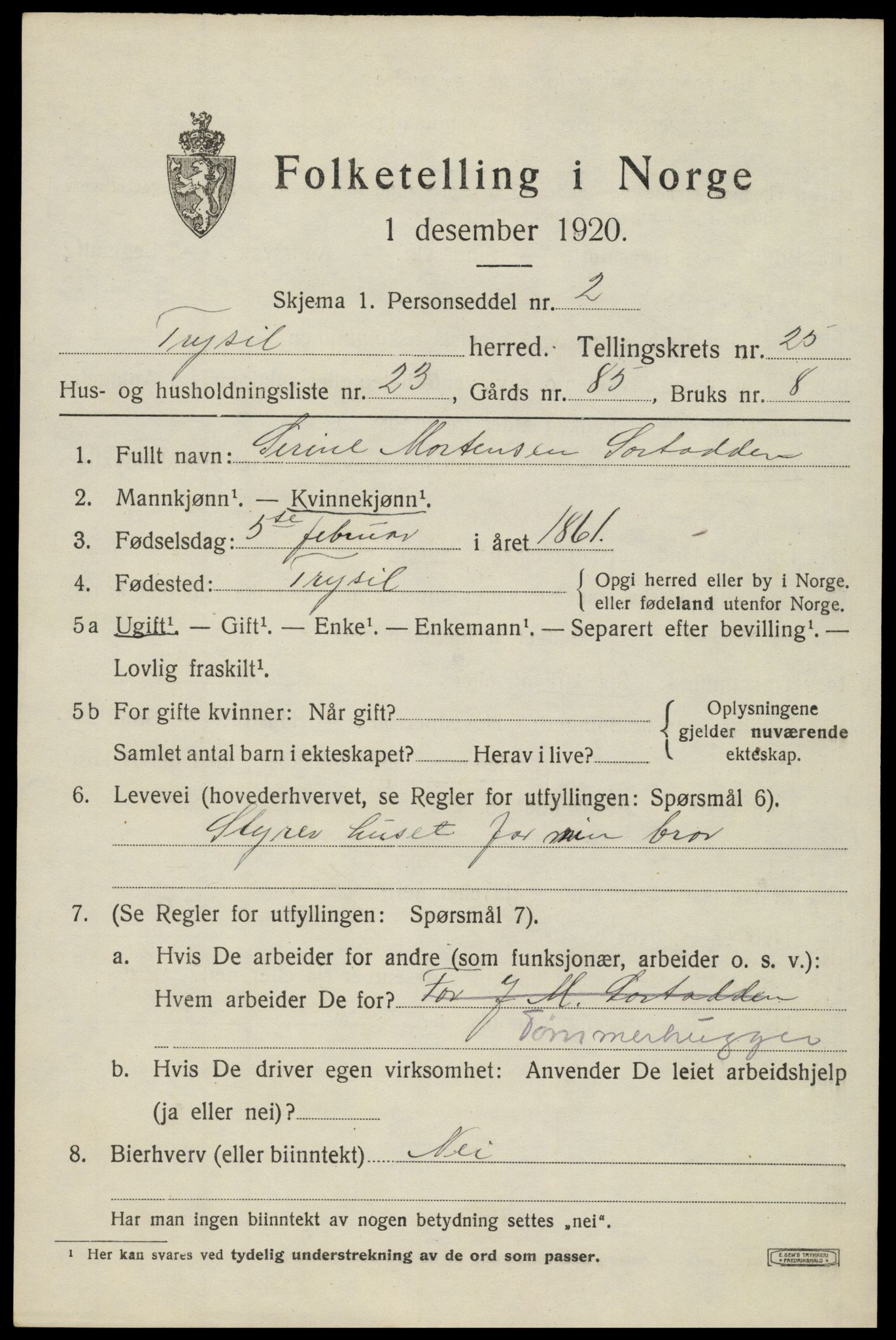 SAH, 1920 census for Trysil, 1920, p. 15965