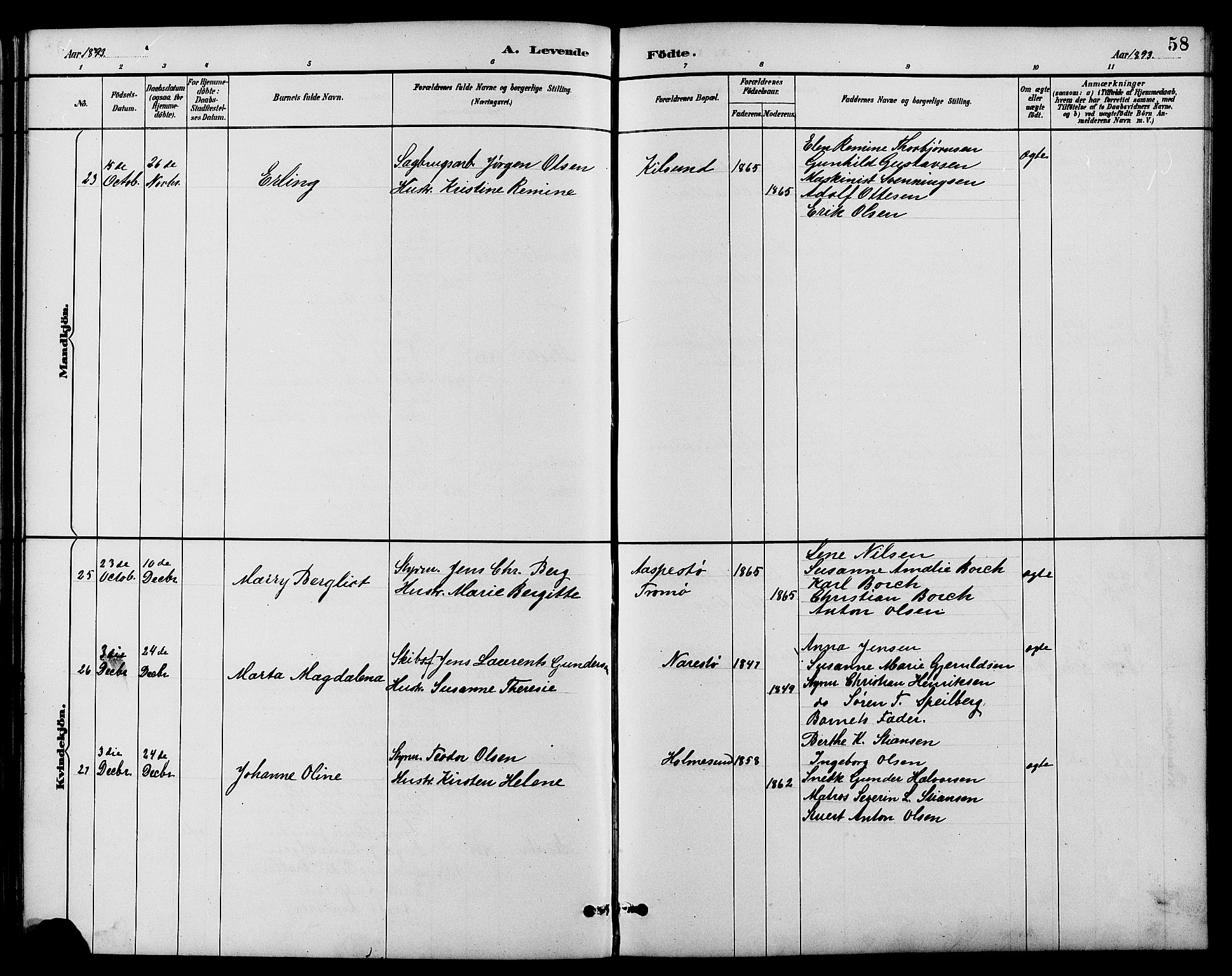 Dypvåg sokneprestkontor, AV/SAK-1111-0007/F/Fb/Fbb/L0004: Parish register (copy) no. B 4, 1887-1905, p. 58