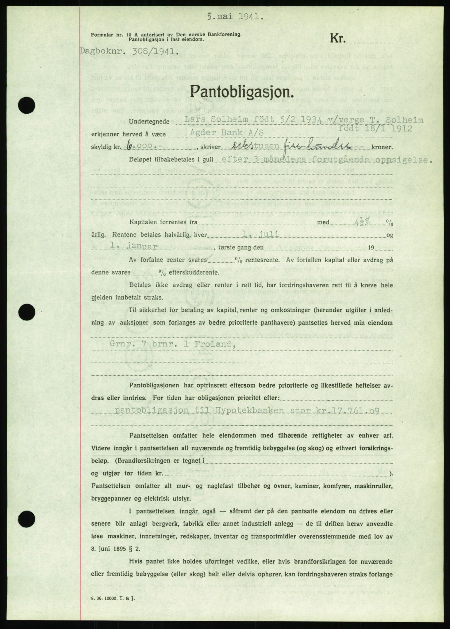 Nedenes sorenskriveri, AV/SAK-1221-0006/G/Gb/Gbb/L0001: Mortgage book no. I, 1939-1942, Diary no: : 308/1941