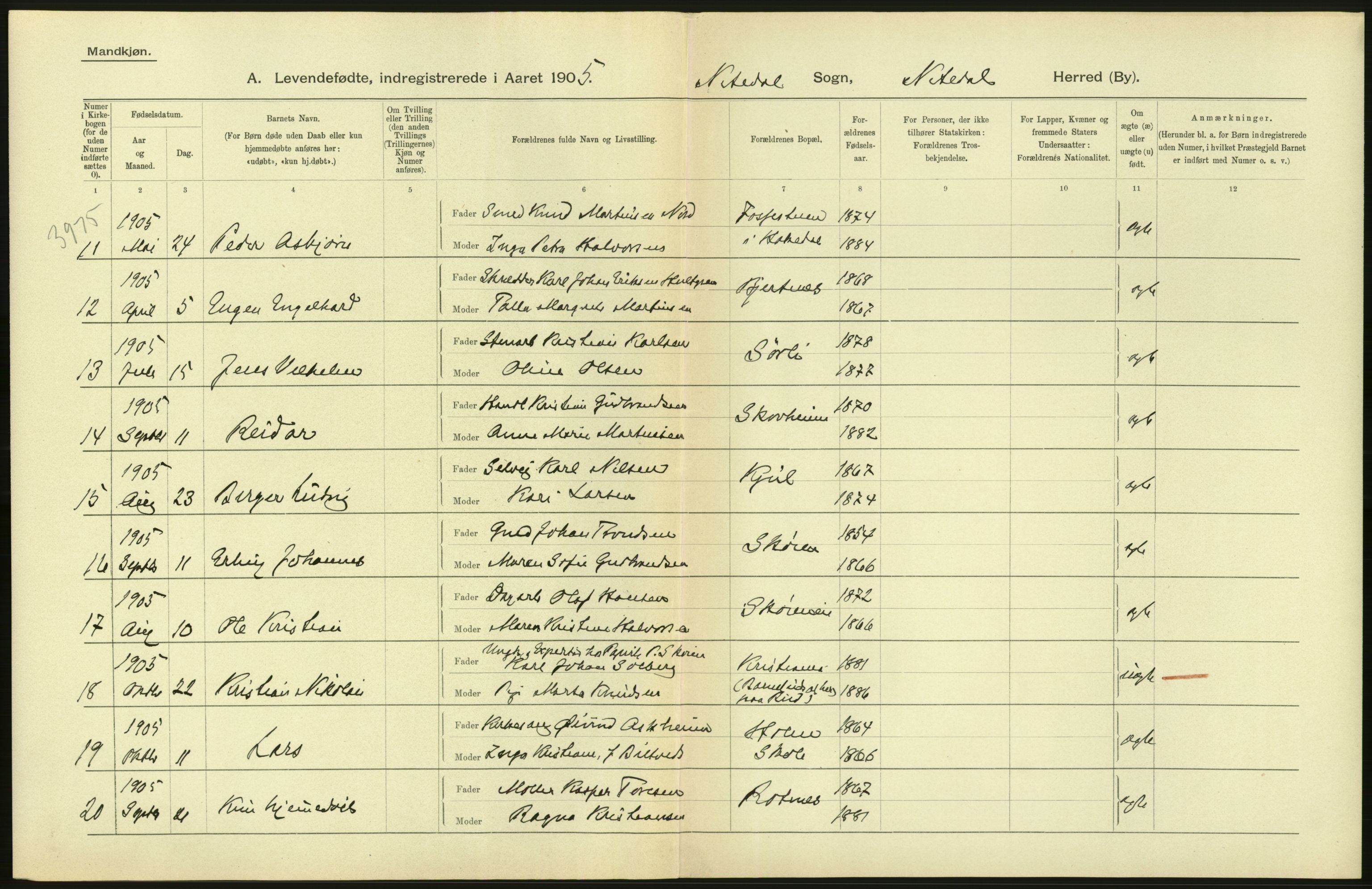 Statistisk sentralbyrå, Sosiodemografiske emner, Befolkning, RA/S-2228/D/Df/Dfa/Dfac/L0004: Akershus amt: Fødte. Bygder., 1905, p. 52