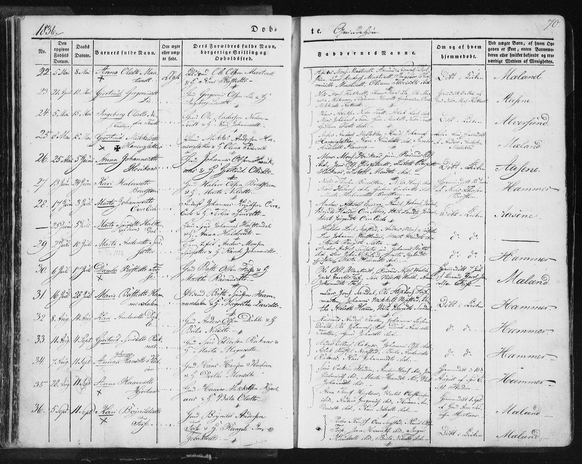 Hamre sokneprestembete, AV/SAB-A-75501/H/Ha/Haa/Haaa/L0012: Parish register (official) no. A 12, 1834-1845, p. 70