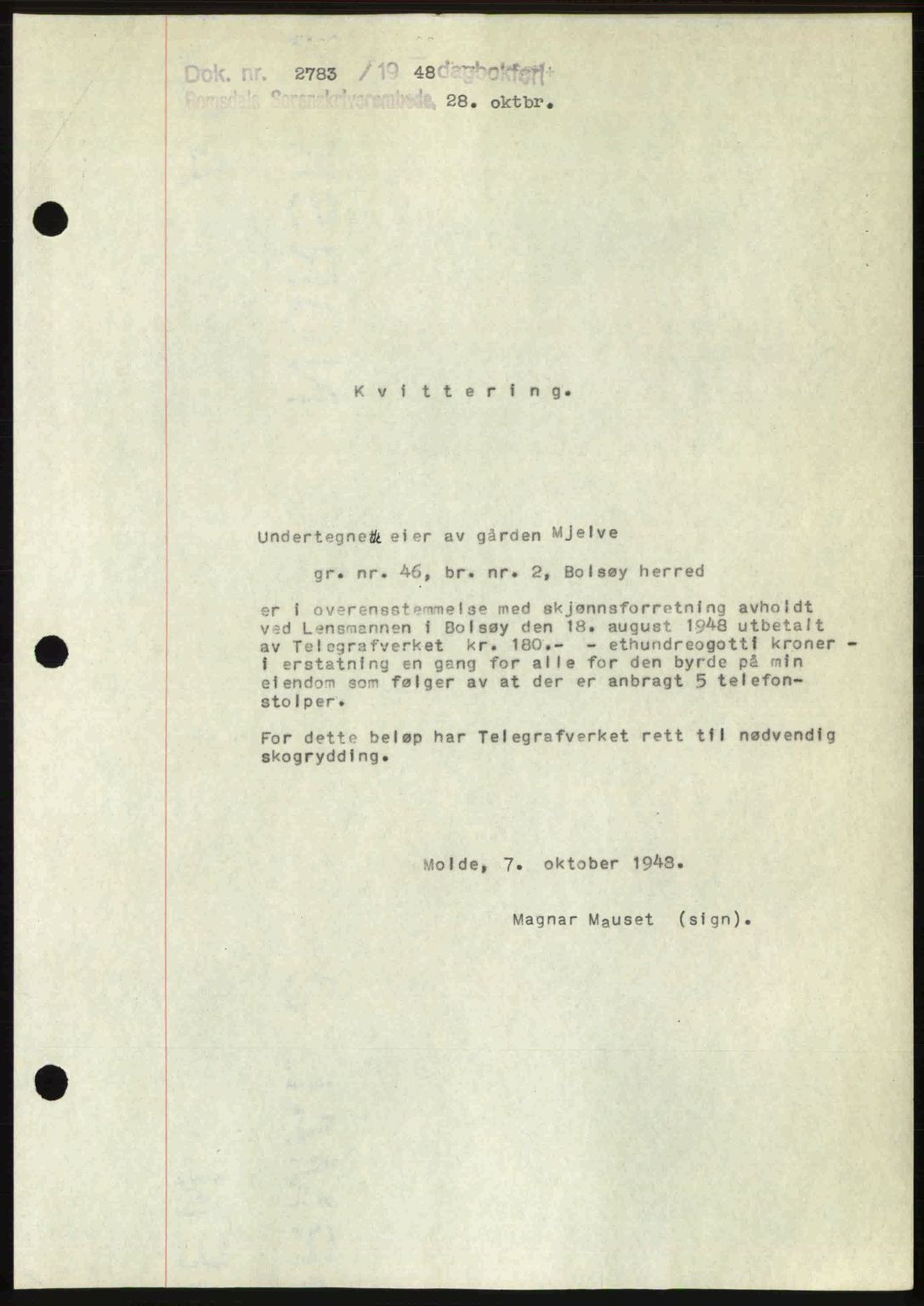 Romsdal sorenskriveri, AV/SAT-A-4149/1/2/2C: Mortgage book no. A27, 1948-1948, Diary no: : 2783/1948