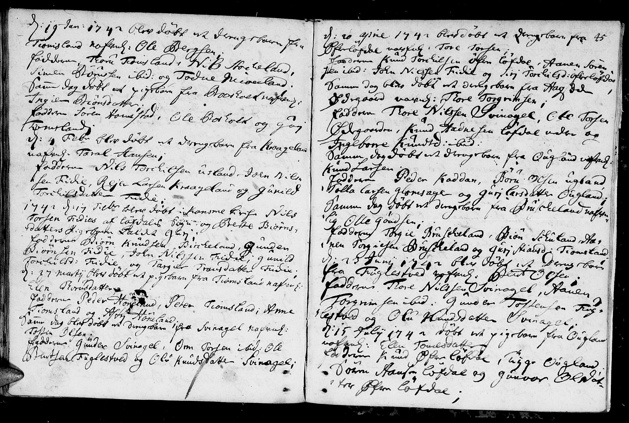 Holum sokneprestkontor, SAK/1111-0022/F/Fa/Fab/L0001: Parish register (official) no. A 1, 1720-1752, p. 45