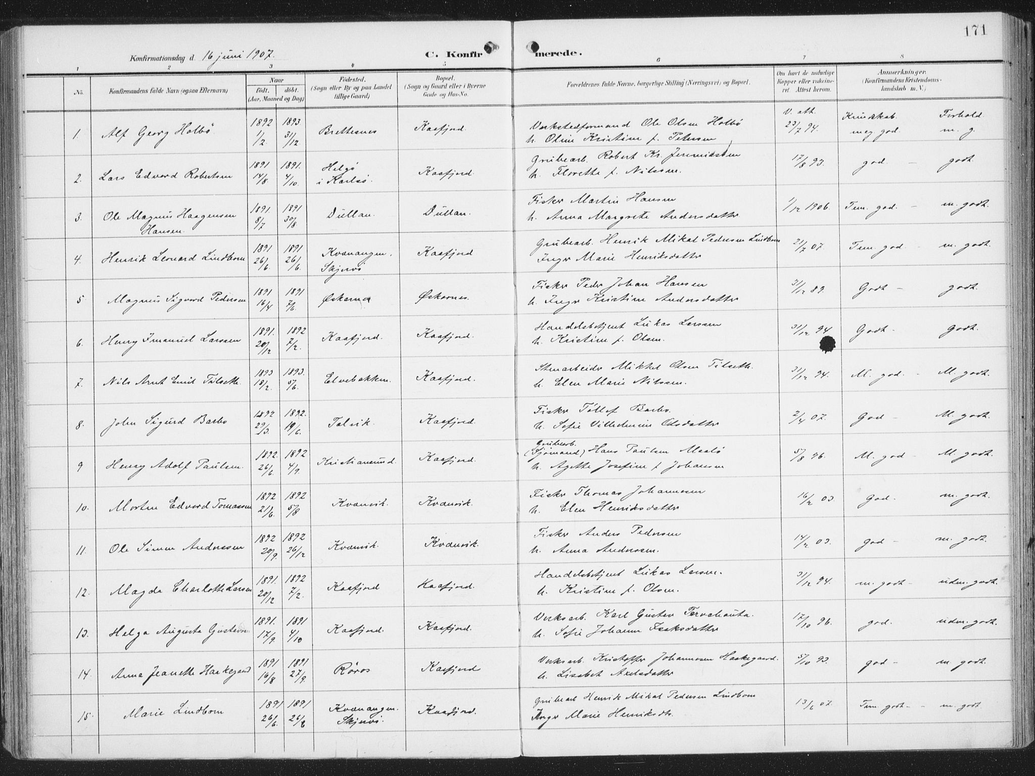 Alta sokneprestkontor, SATØ/S-1338/H/Ha/L0005.kirke: Parish register (official) no. 5, 1904-1918, p. 171