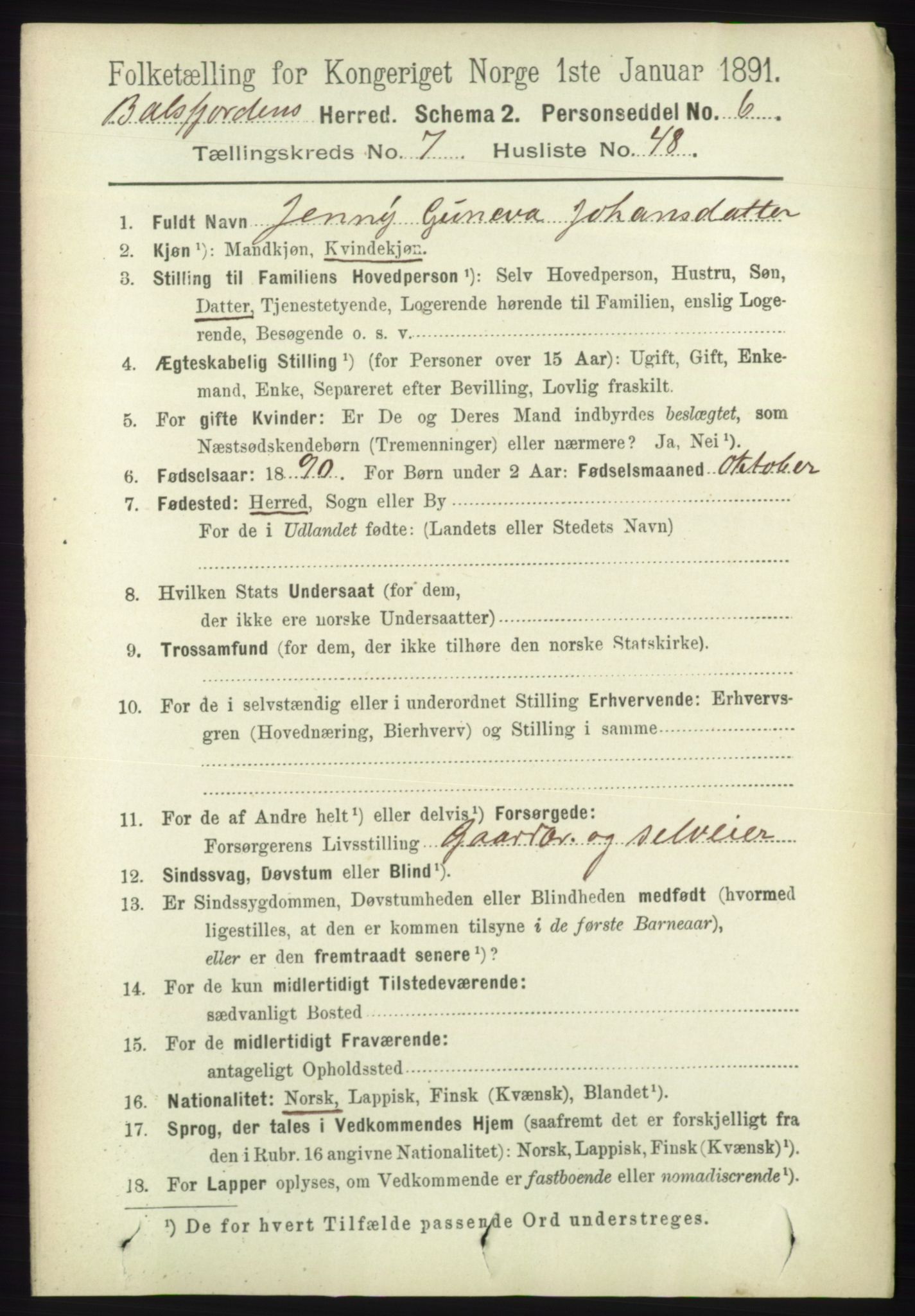 RA, 1891 census for 1933 Balsfjord, 1891, p. 2357