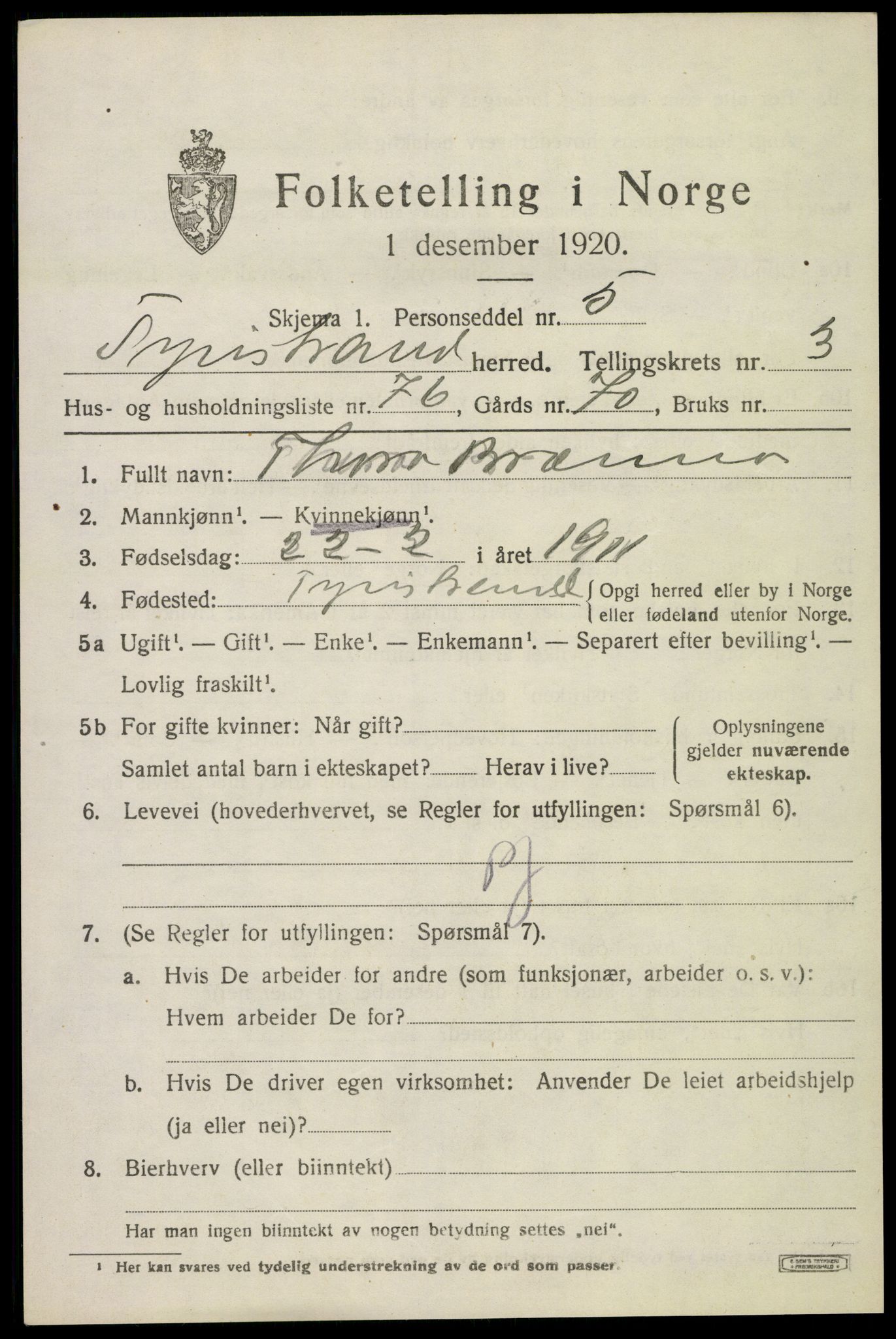 SAKO, 1920 census for Tyristrand, 1920, p. 2842