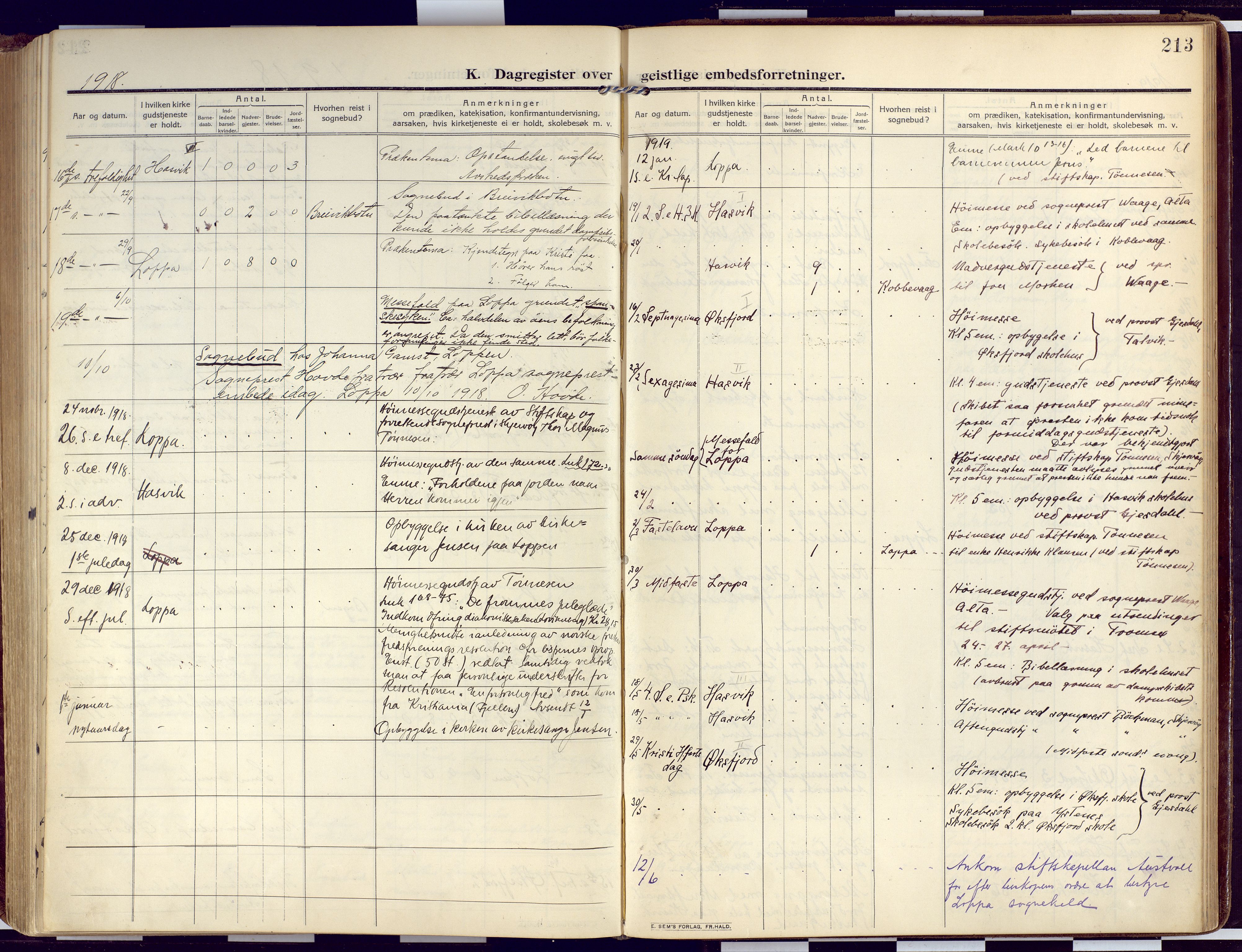 Loppa sokneprestkontor, SATØ/S-1339/H/Ha/L0011kirke: Parish register (official) no. 11, 1909-1919, p. 213